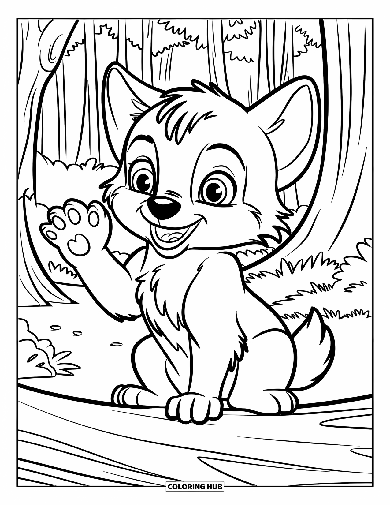 Baby Wolf Coloring Page for Kids: Baby wolf waves a paw while sitting on a forest log