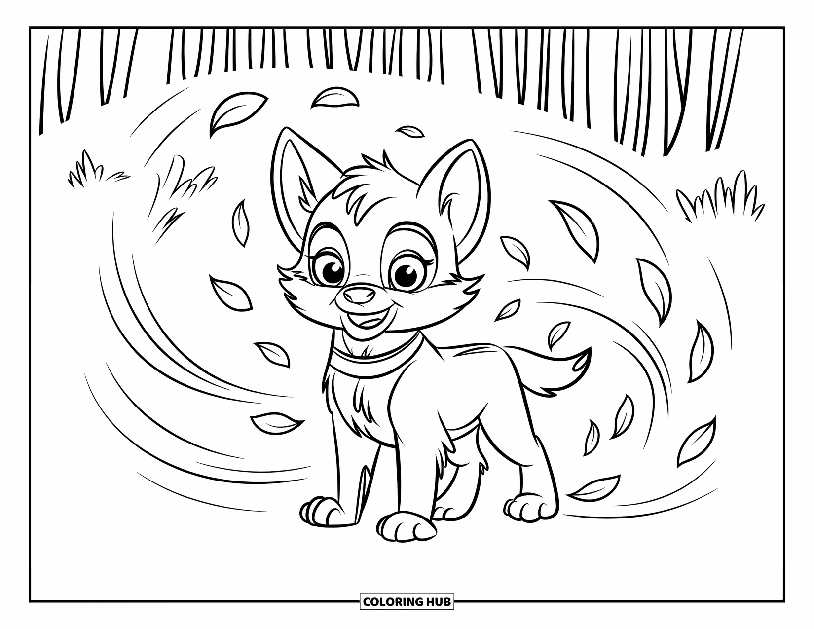 Baby Wolf Coloring Page for Kids: Baby wolf with a collar stands still in a forest of leaves