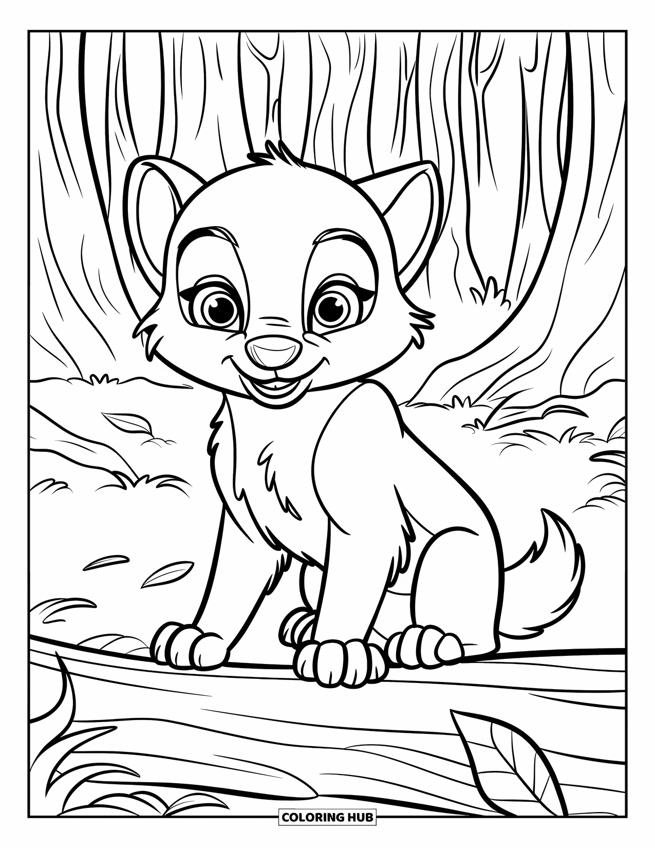 Baby Wolf Coloring Page for Kids: Baby wolf with white fur rests on a log in the woods