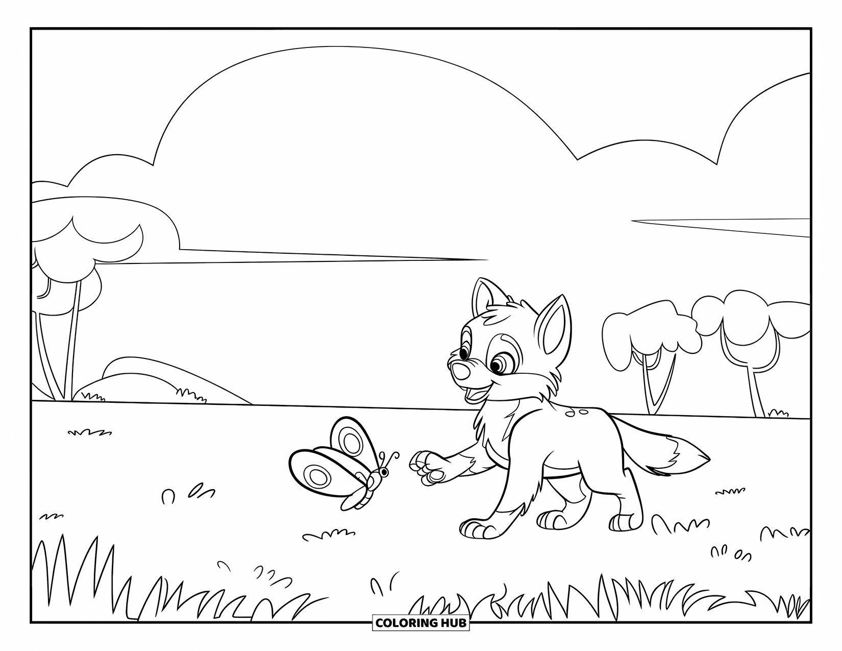 Baby Wolf Coloring Page for Kids: Cheerful wolf pup plays with a butterfly under a bright, simple sky