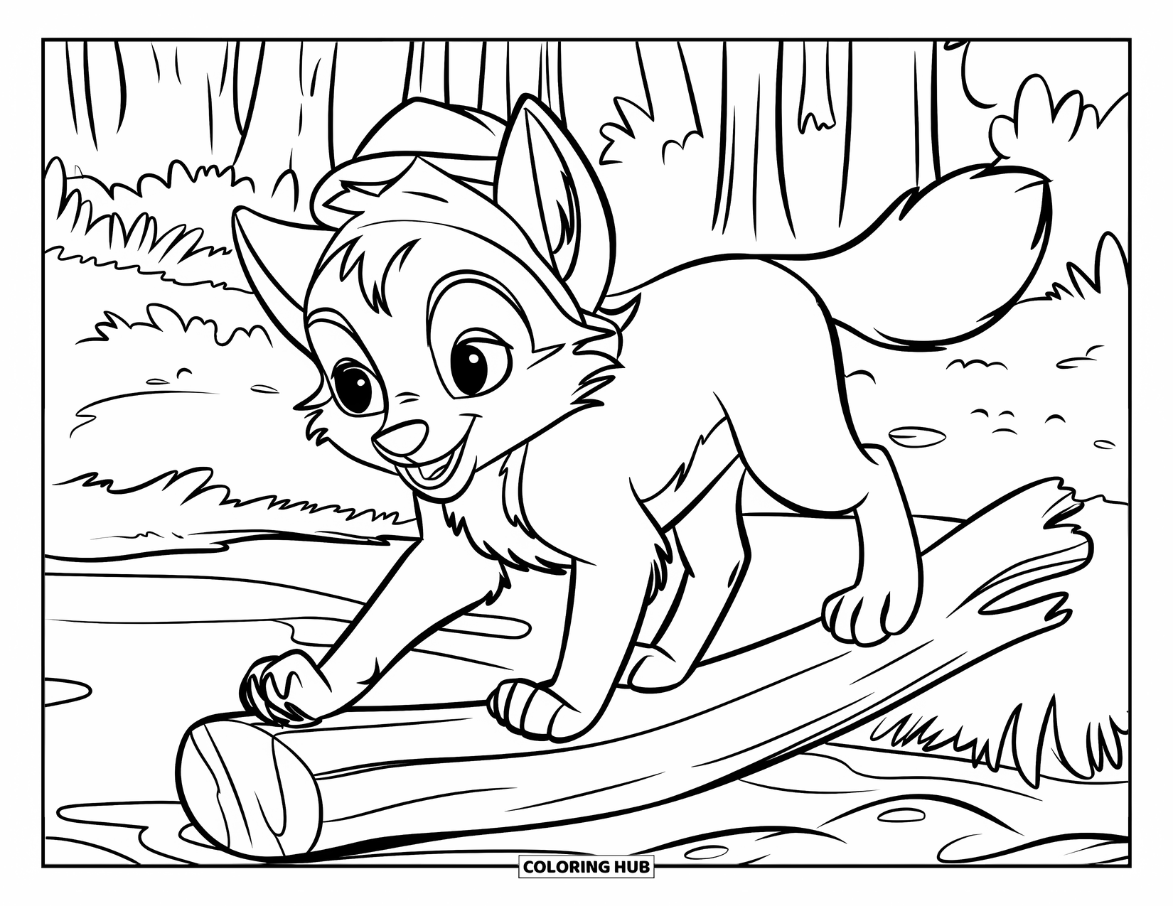 Baby Wolf Coloring Page for Kids: Curious baby wolf in a hat walks on a forest log