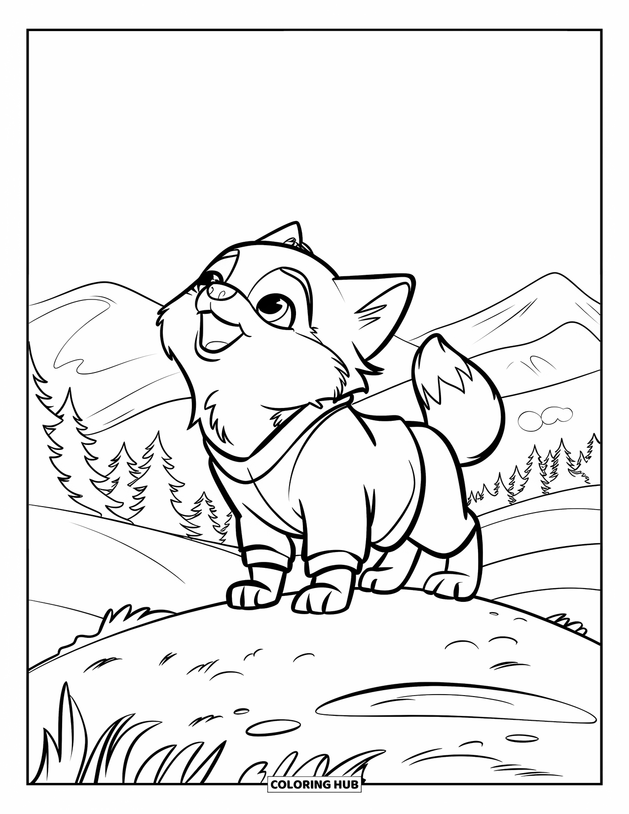 Baby Wolf Coloring Page for Kids: Cute wolf pup in an outfit howls on a forest hill