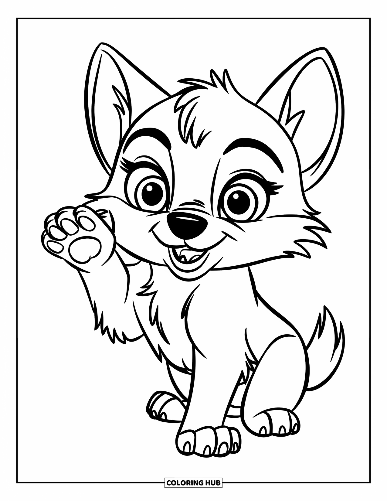 Baby Wolf Coloring Page for Kids: Cute wolf pup waves with big eyes and fluffy fur