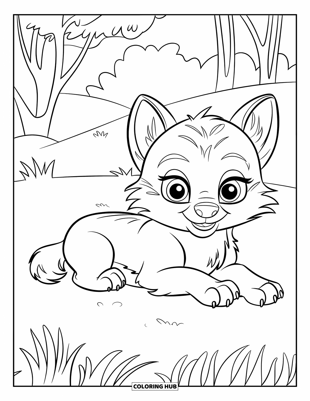 Baby Wolf Coloring Page for Kids: Fluffy wolf pup with bright eyes lies on a quiet hill