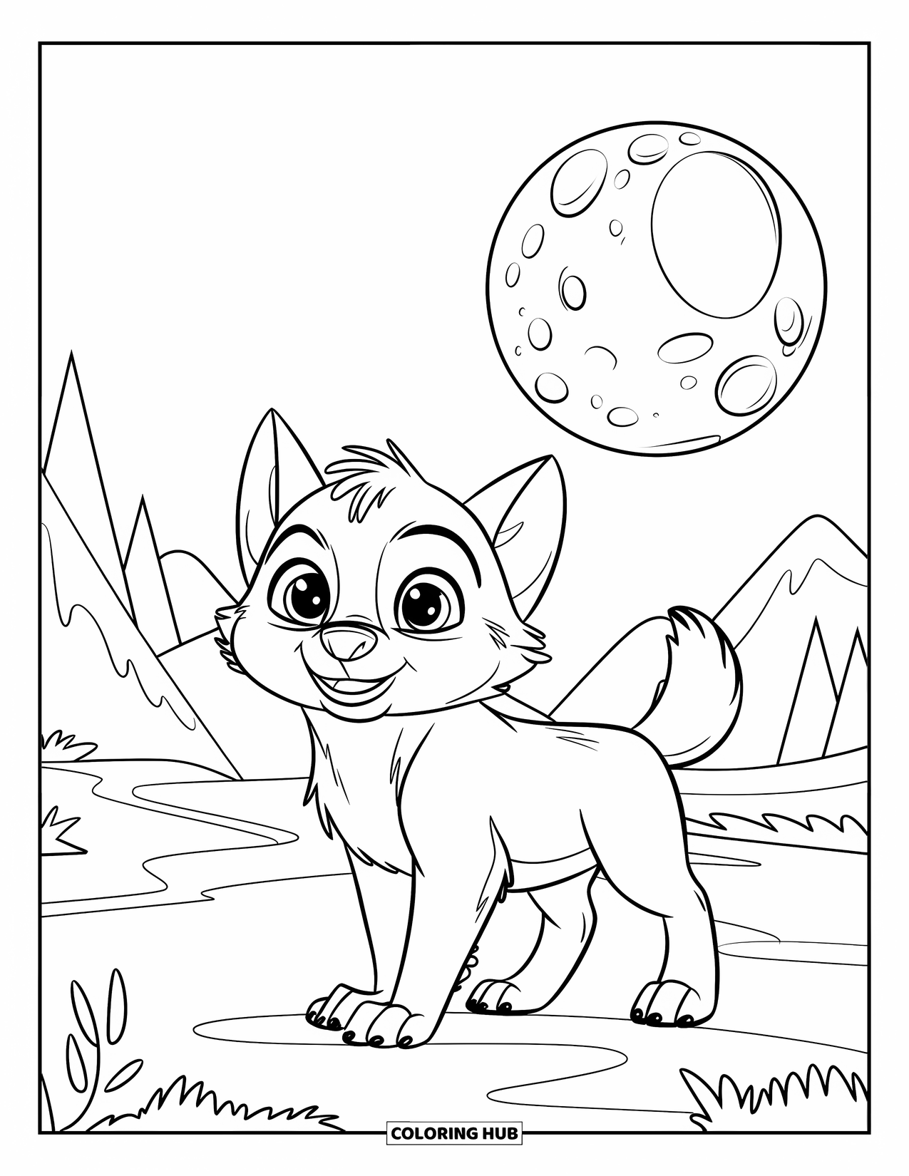 Baby Wolf Coloring Page for Kids: Happy wolf cub howls at a round moon near mountains and trees