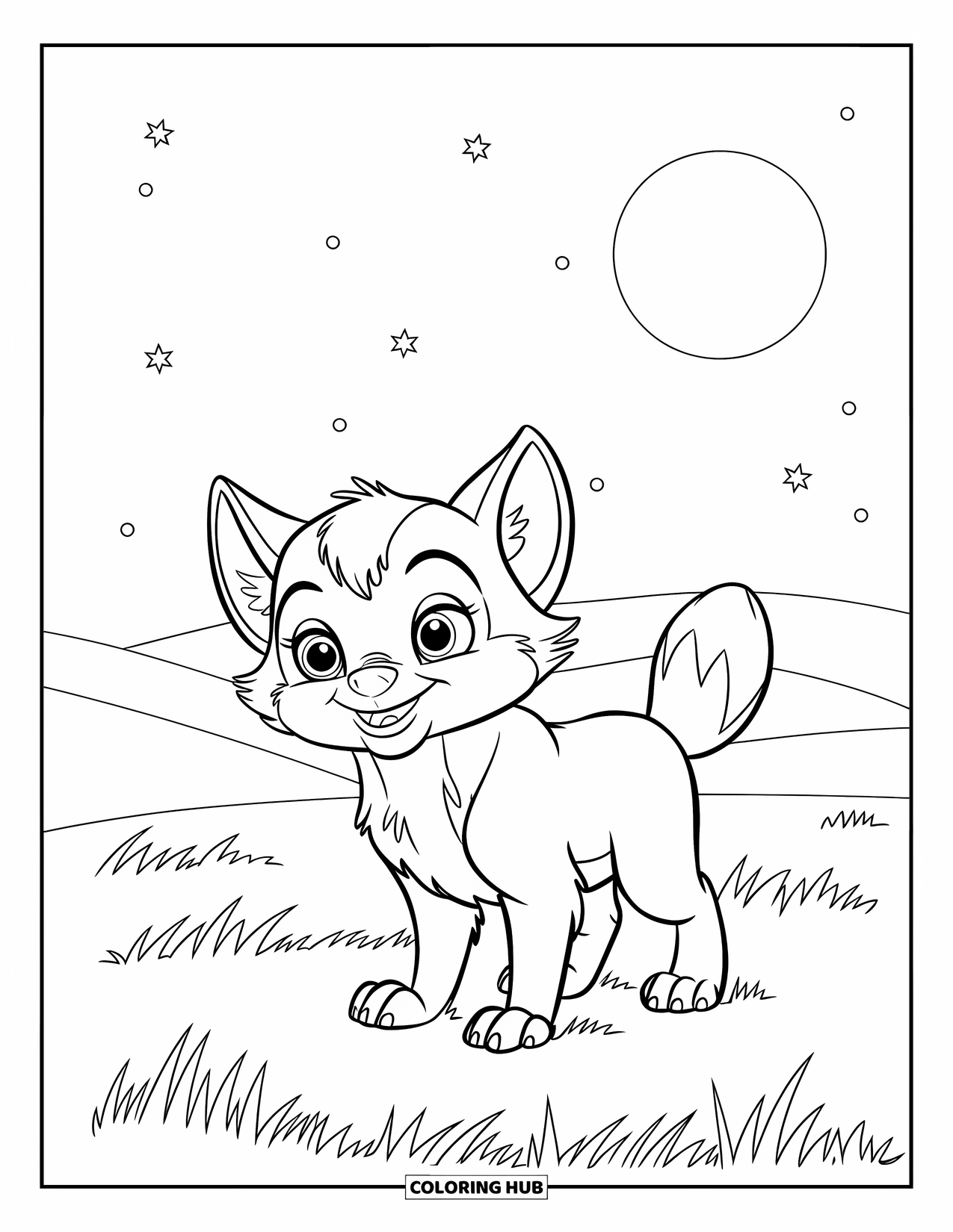 Baby Wolf Coloring Page for Kids: Playful wolf pup howls at the moon from a grassy hill