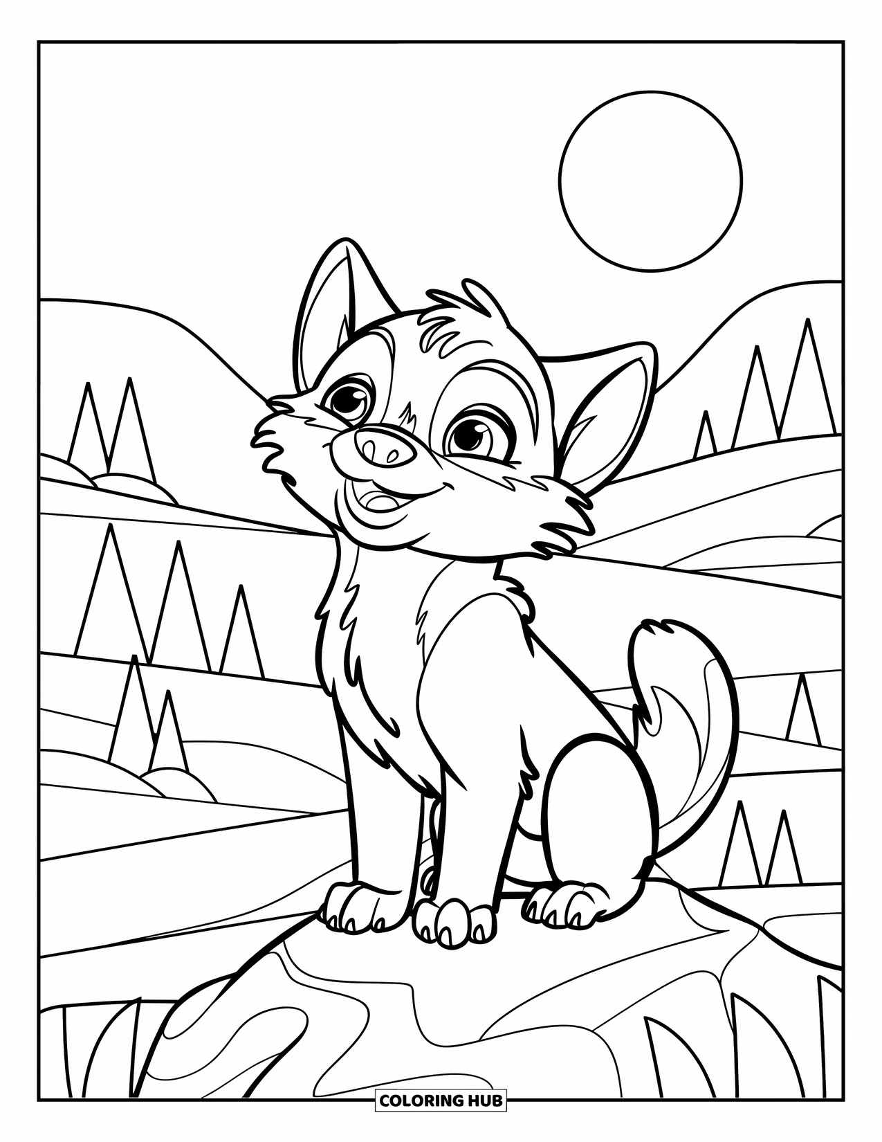 Baby Wolf Coloring Page for Kids: Smiling wolf cub howls softly at the moon on a rock