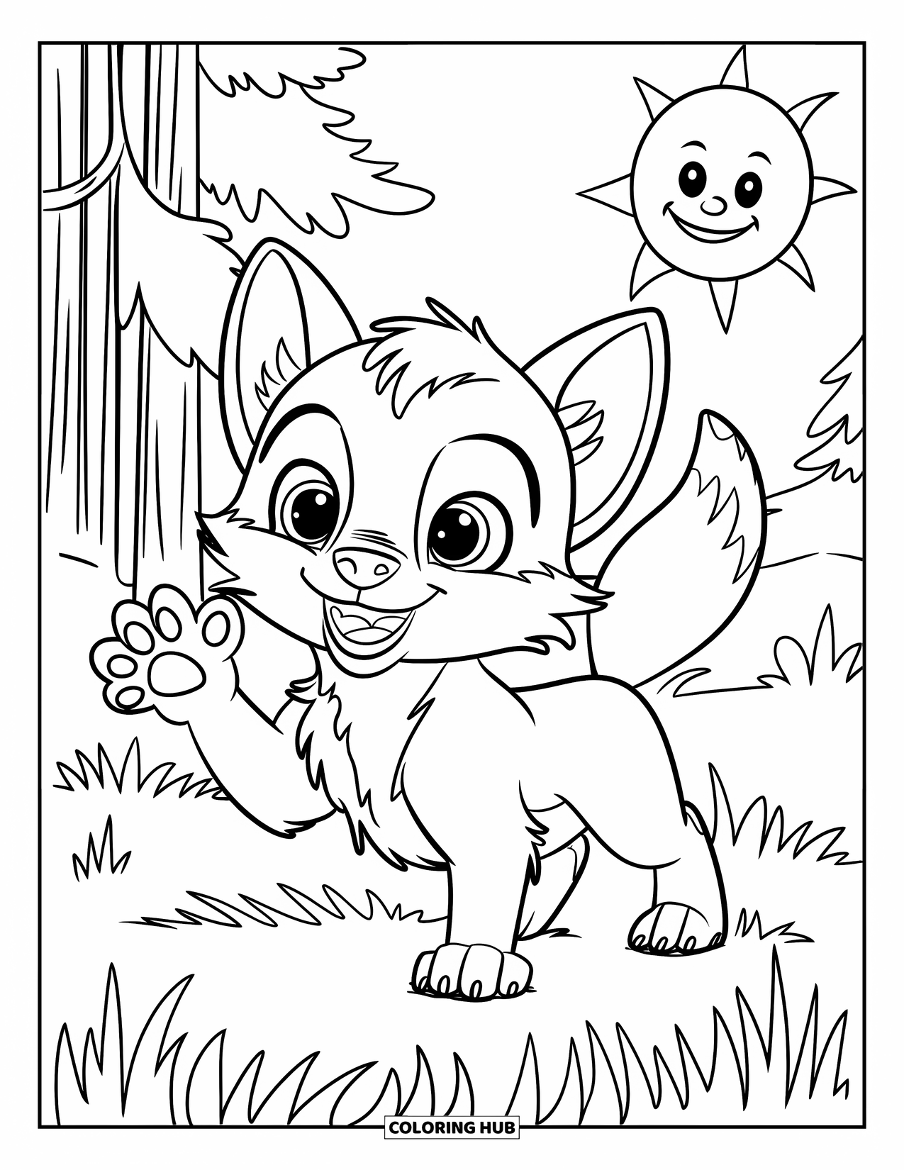 Baby Wolf Coloring Page for Kids: Smiling wolf cub waves on a grassy field with trees behind