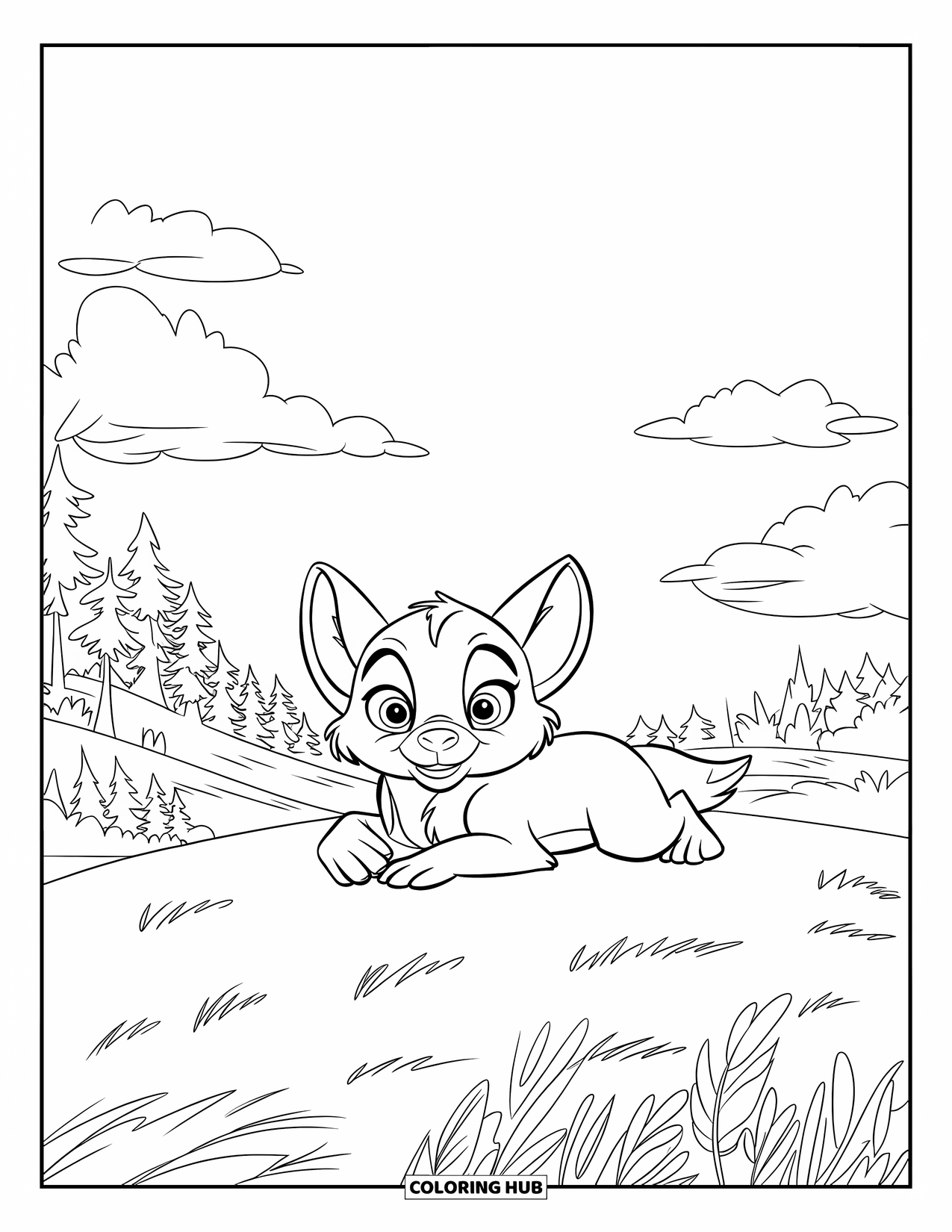 Baby Wolf Coloring Page for Kids: Wolf cub with big ears relaxes on a grassy hill near the forest