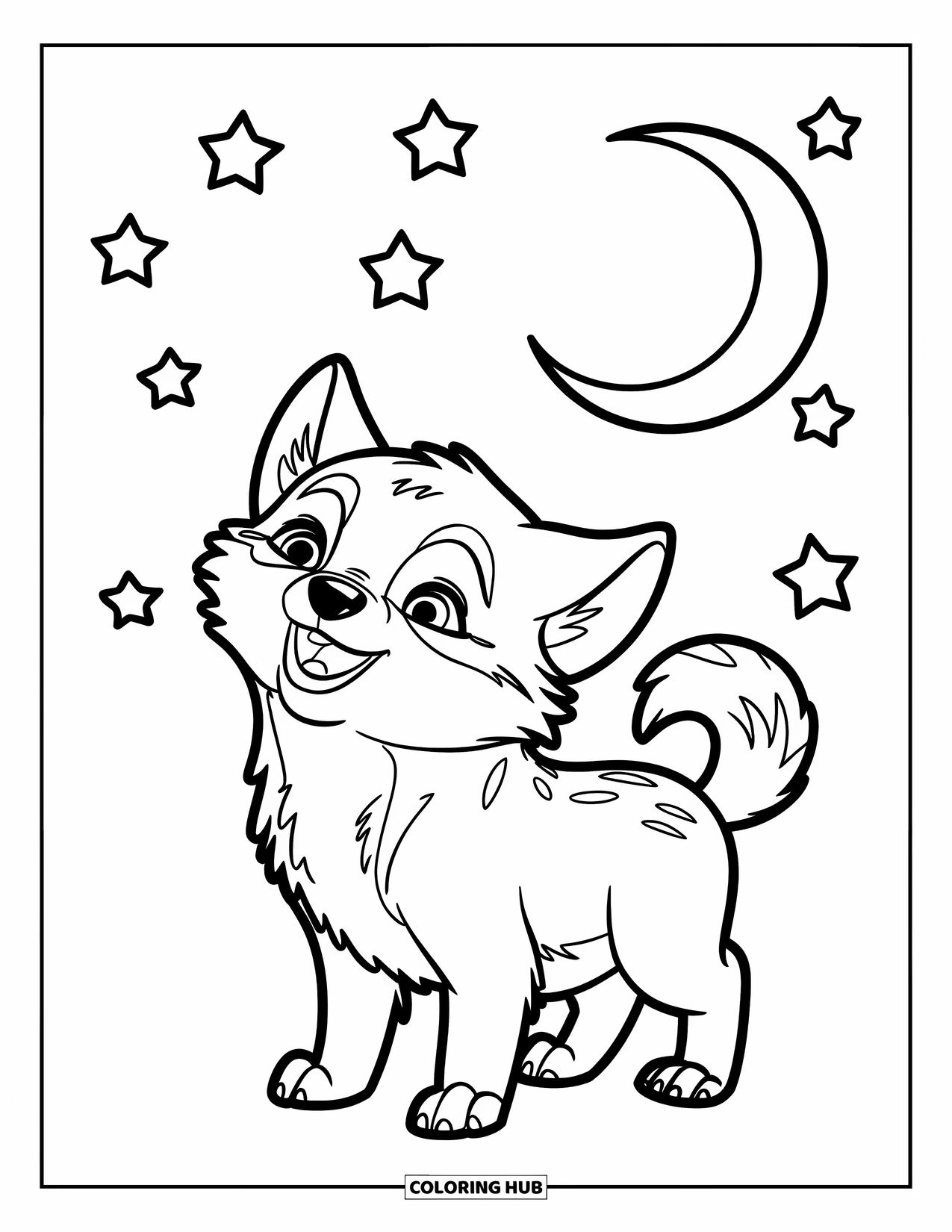 Baby Wolf Coloring Page for Kids: Wolf pup howls gently under the moon and stars