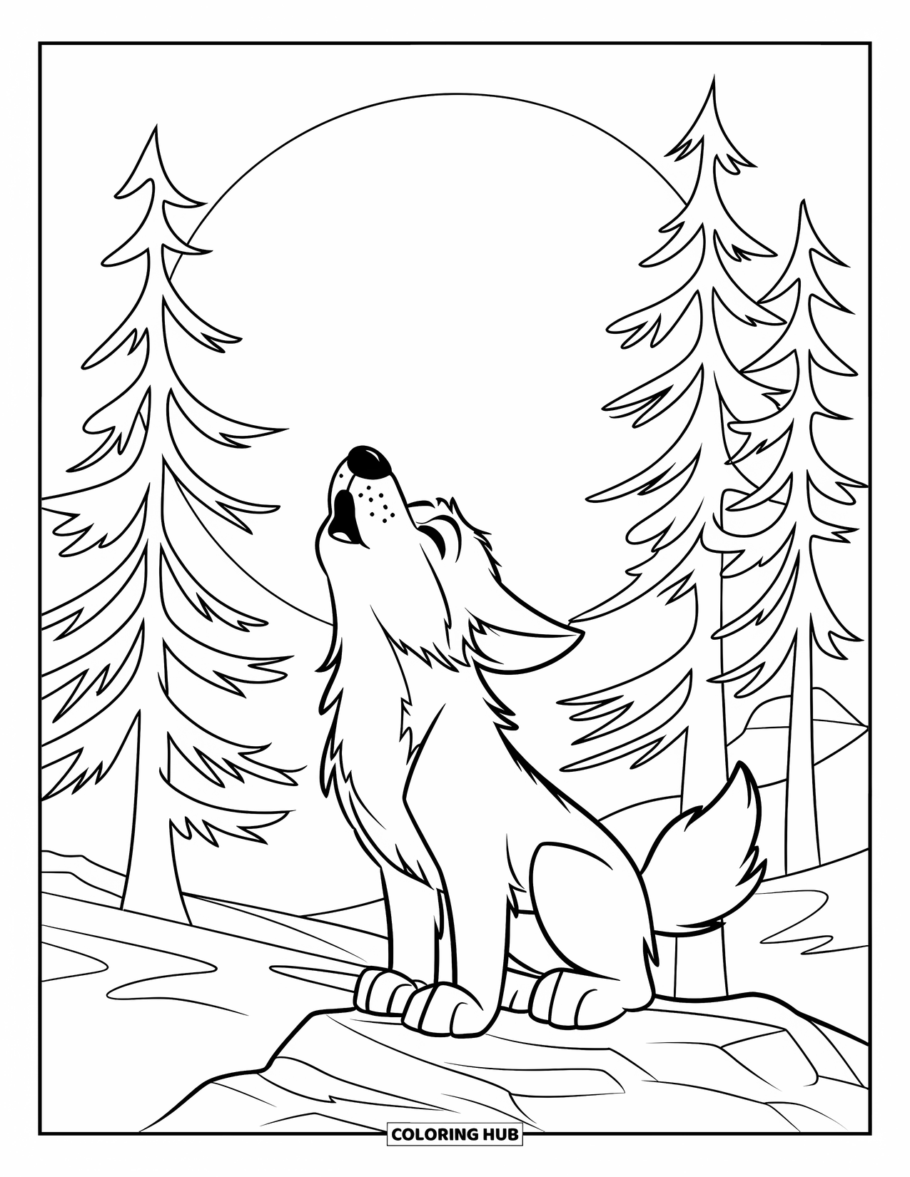 Baby Wolf Coloring Page for Kids: Wolf pup sits on a rock, howling at the glowing moon