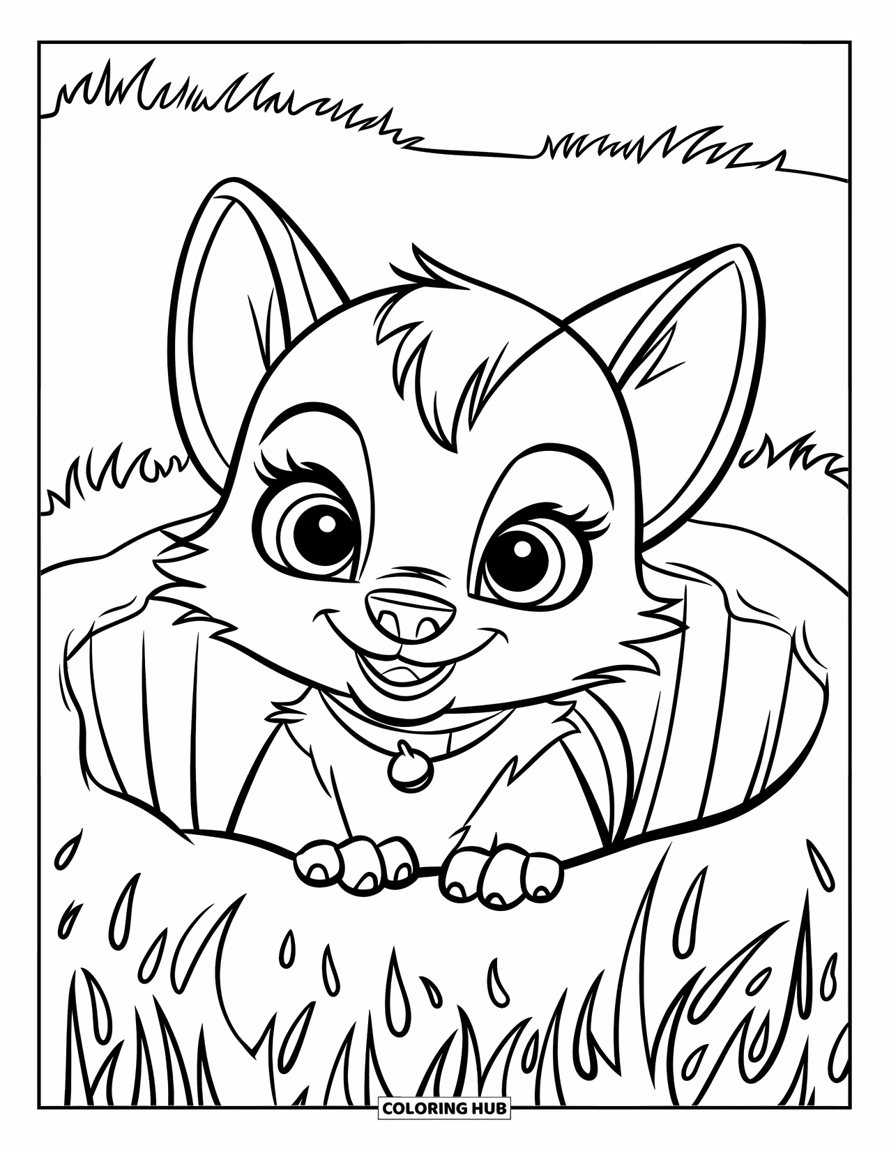 Baby Wolf Coloring Page for Kids: Wolf pup with a collar peeks from a grassy den