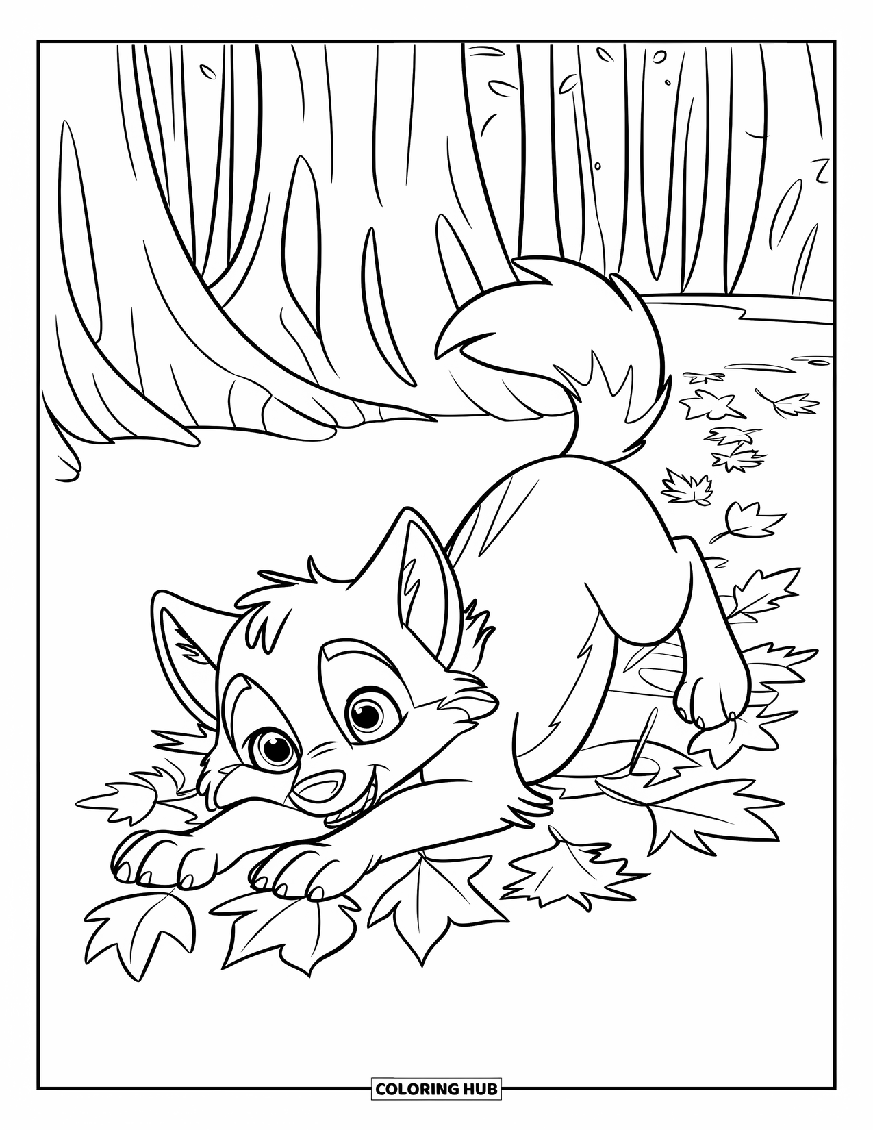 Baby Wolf Coloring Page for Kids: Wolf pup with soft fur rolls in fallen forest leaves