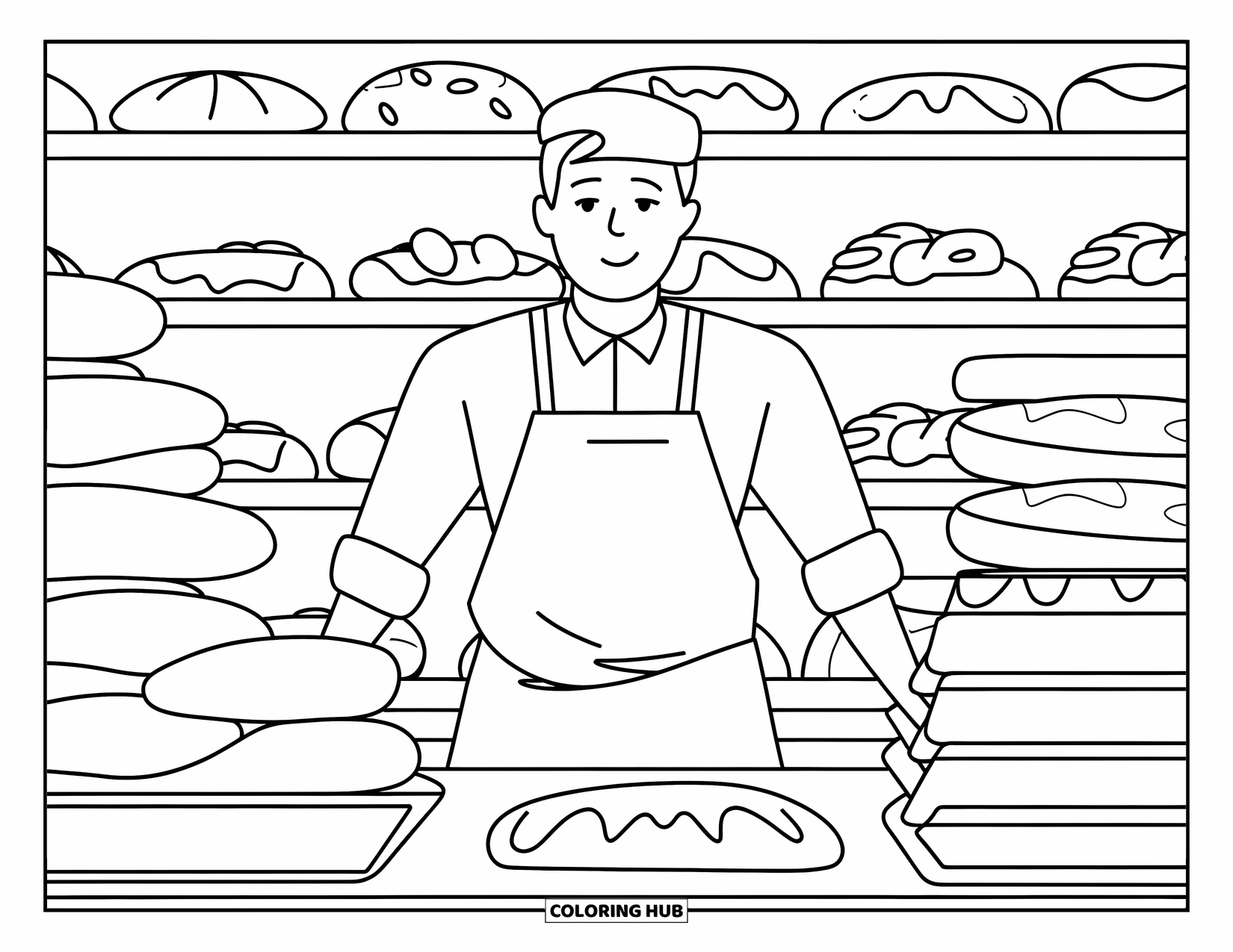 Baking Coloring Page for Adults: A baker in a bakery filled with dough bowls and pastries