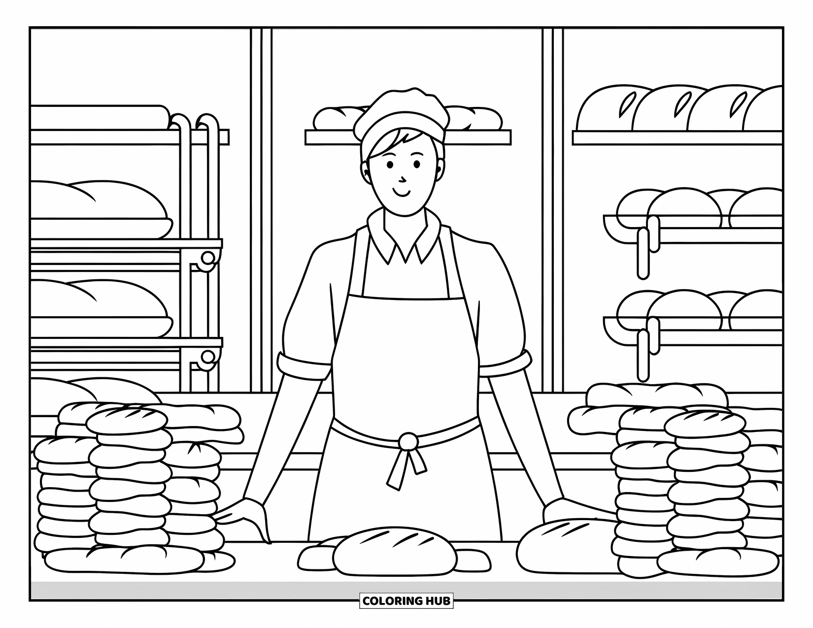 Baking Coloring Page for Adults: A baker standing among stacked trays and shelves of bread