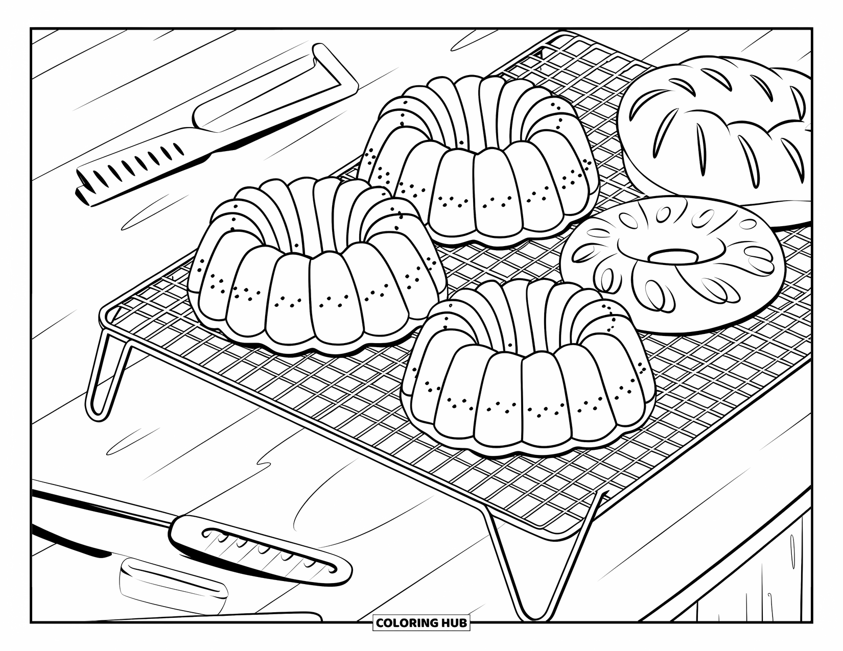 Baking Coloring Page for Adults: A baking rack filled with bundt cakes and carved bread