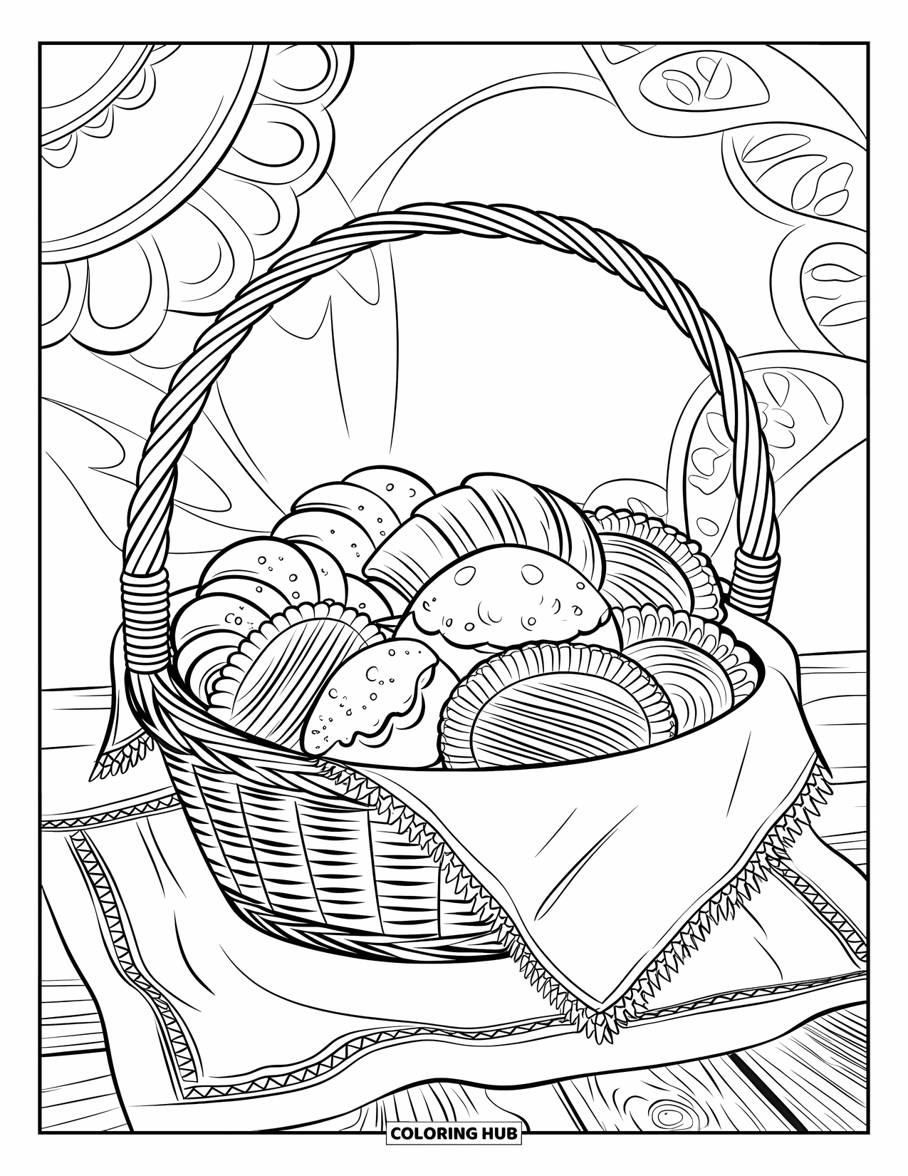 Baking Coloring Page for Adults: A basket filled with scones, croissants, and hand pies on a cloth
