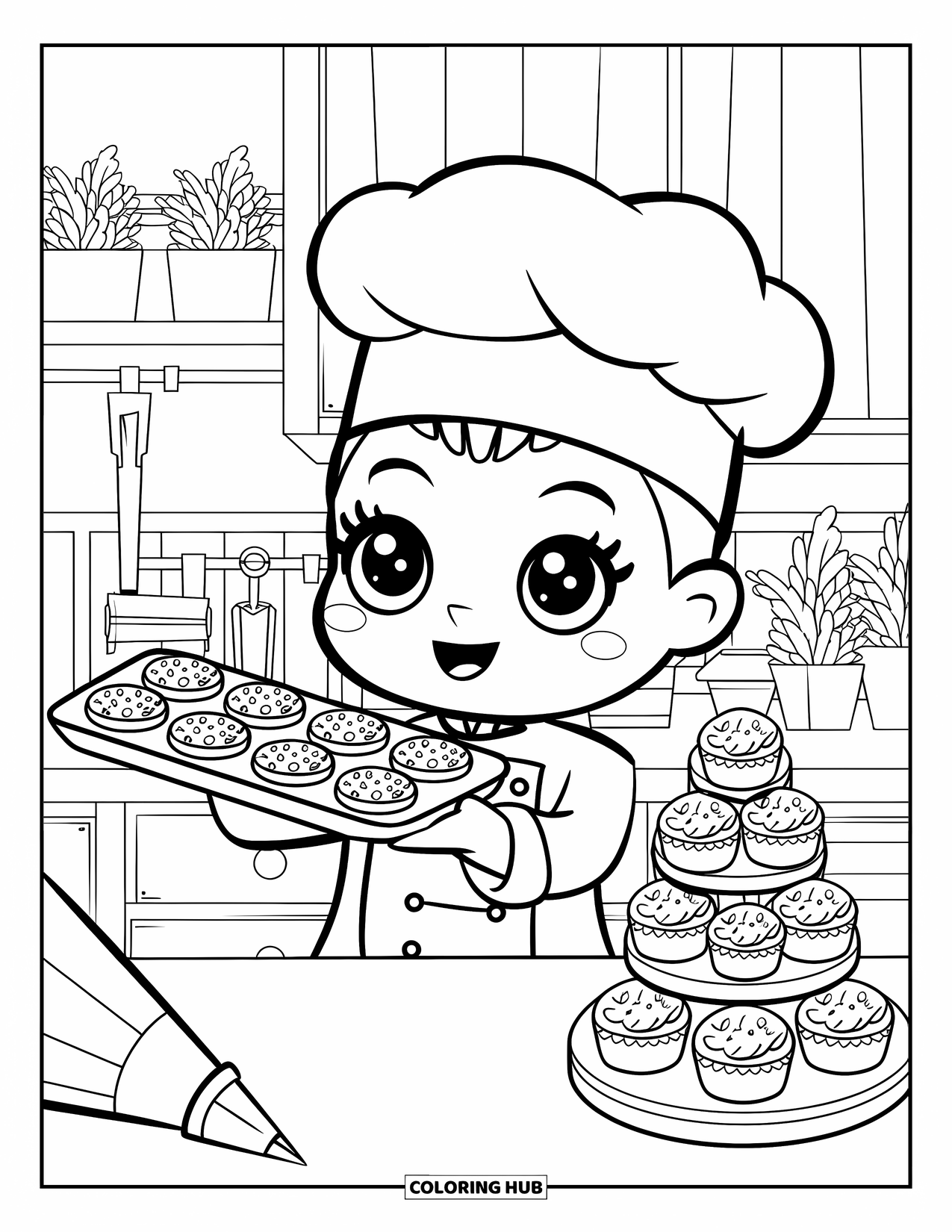 Baking Coloring Page for Adults: A cheerful chef balancing a tray of cookies beside a cupcake tower