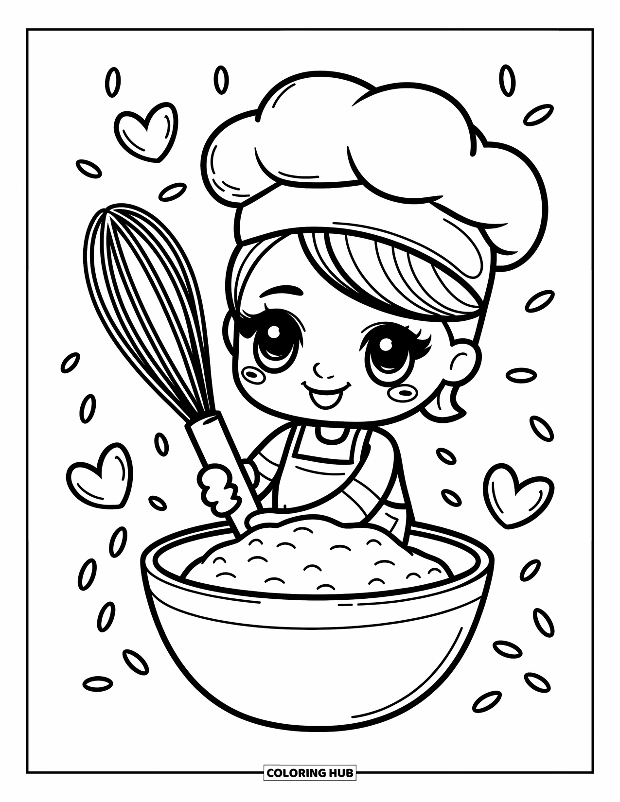 Baking Coloring Page for Adults: A cheerful chibi baker with a giant whisk and floating hearts