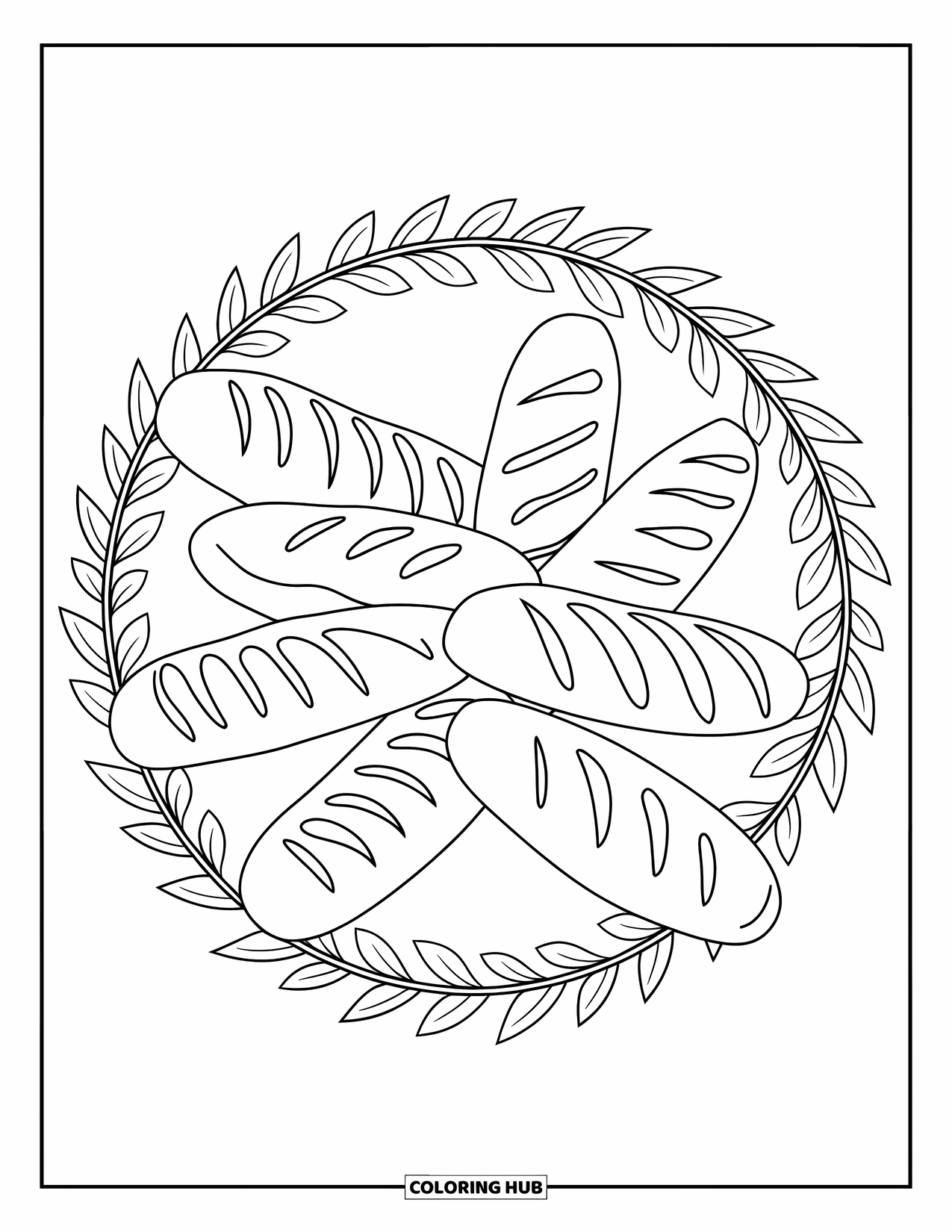 Baking Coloring Page for Adults: A circle of bread loaves with carved designs surrounded by a leafy wreath