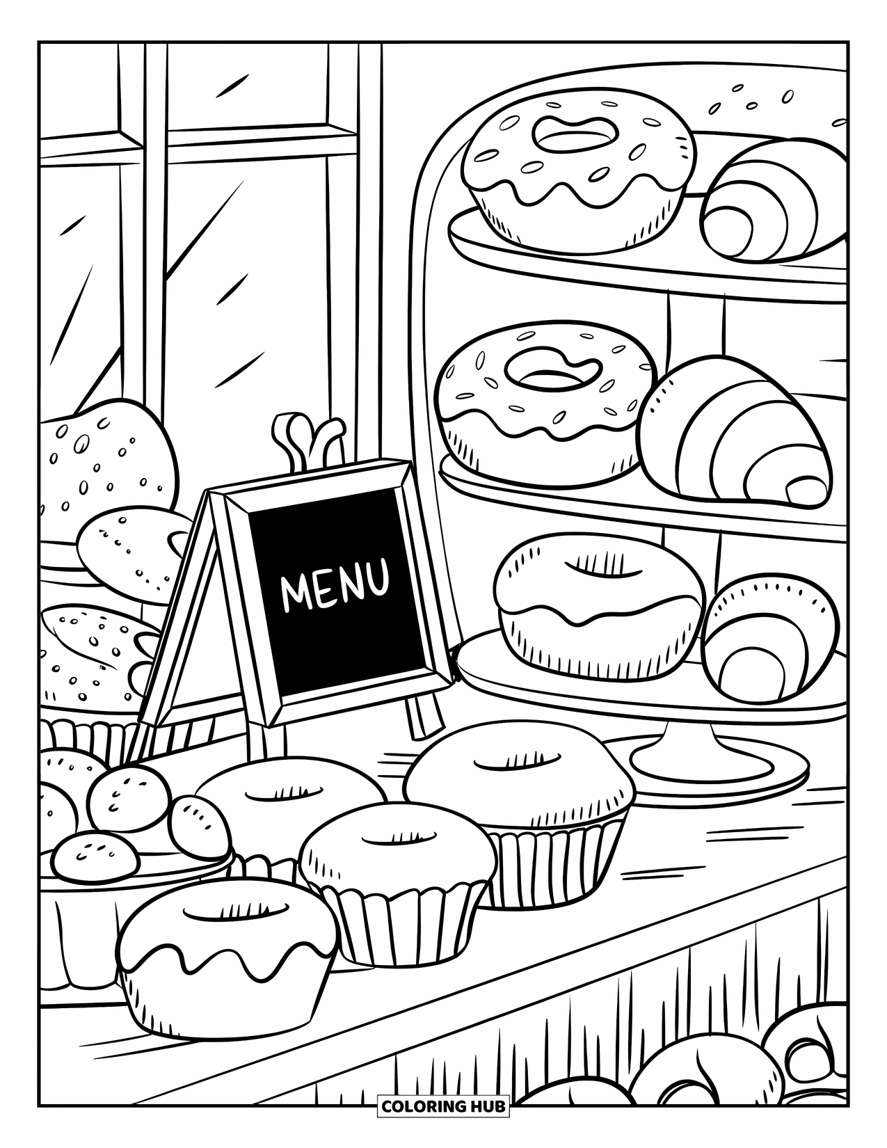 Baking Coloring Page for Adults: A cozy bakery counter filled with donuts, muffins, croissants, and a tiny menu board