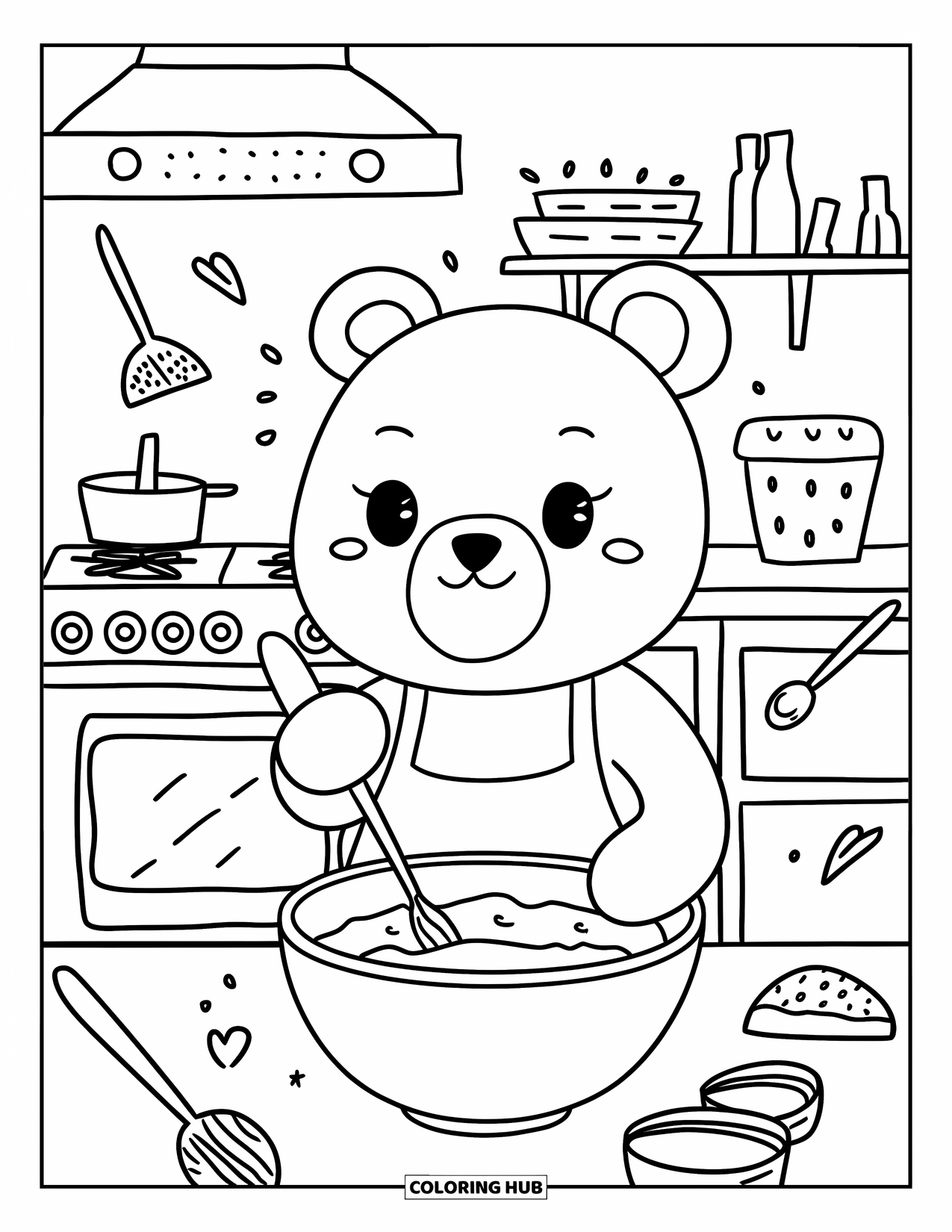 Baking Coloring Page for Adults: A cute bear mixing batter with playful baking tools floating nearby