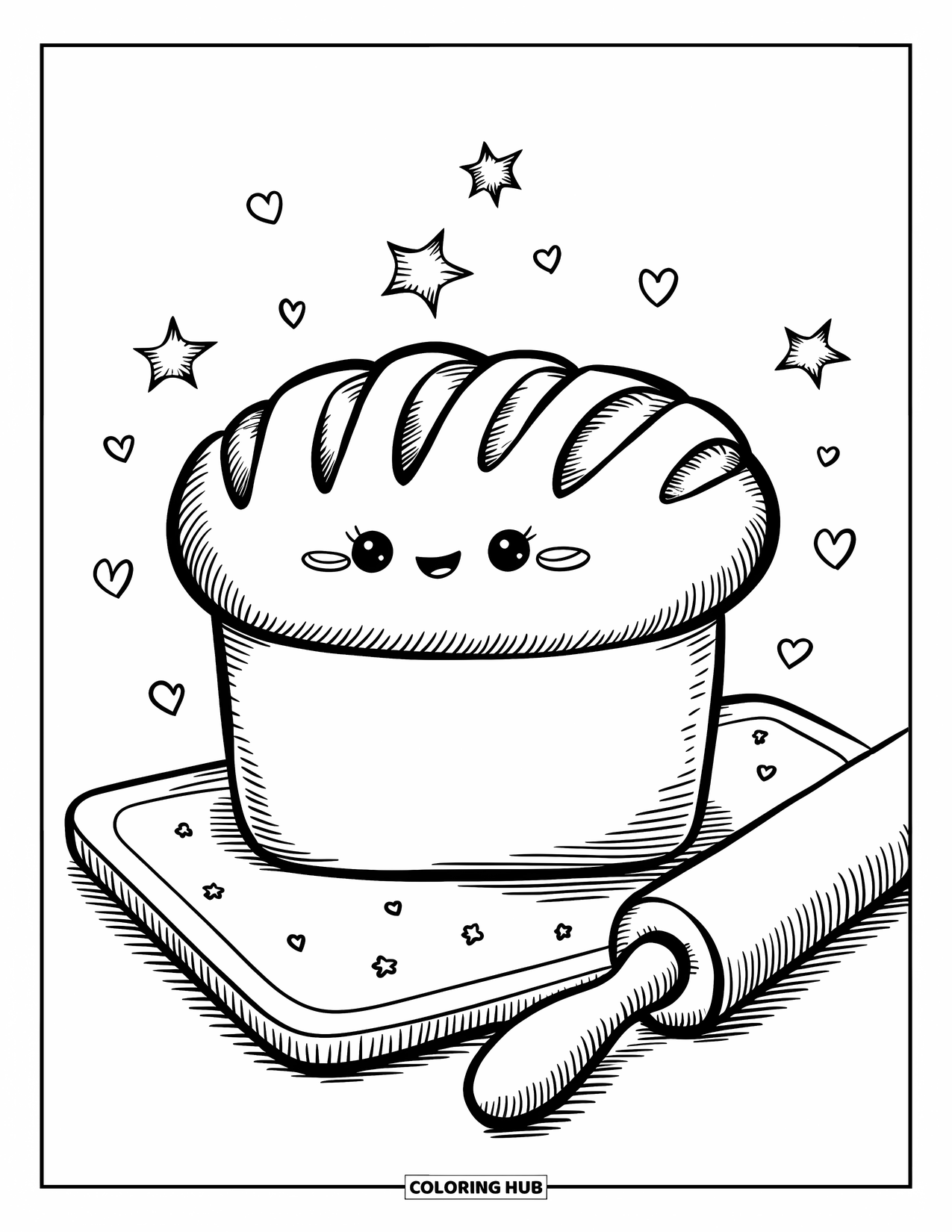 Baking Coloring Page for Adults: A cute bread loaf with stars, hearts, and a rolling pin beside it