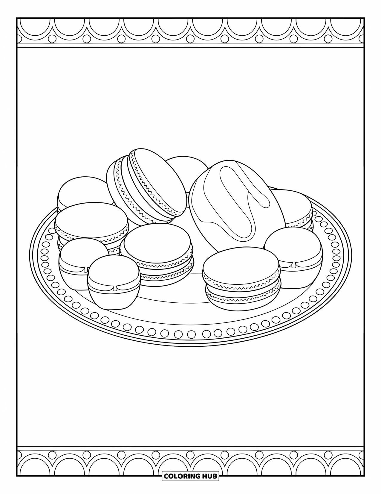 Baking Coloring Page for Adults: A dessert platter of macarons, éclairs, and petit fours with decorative borders