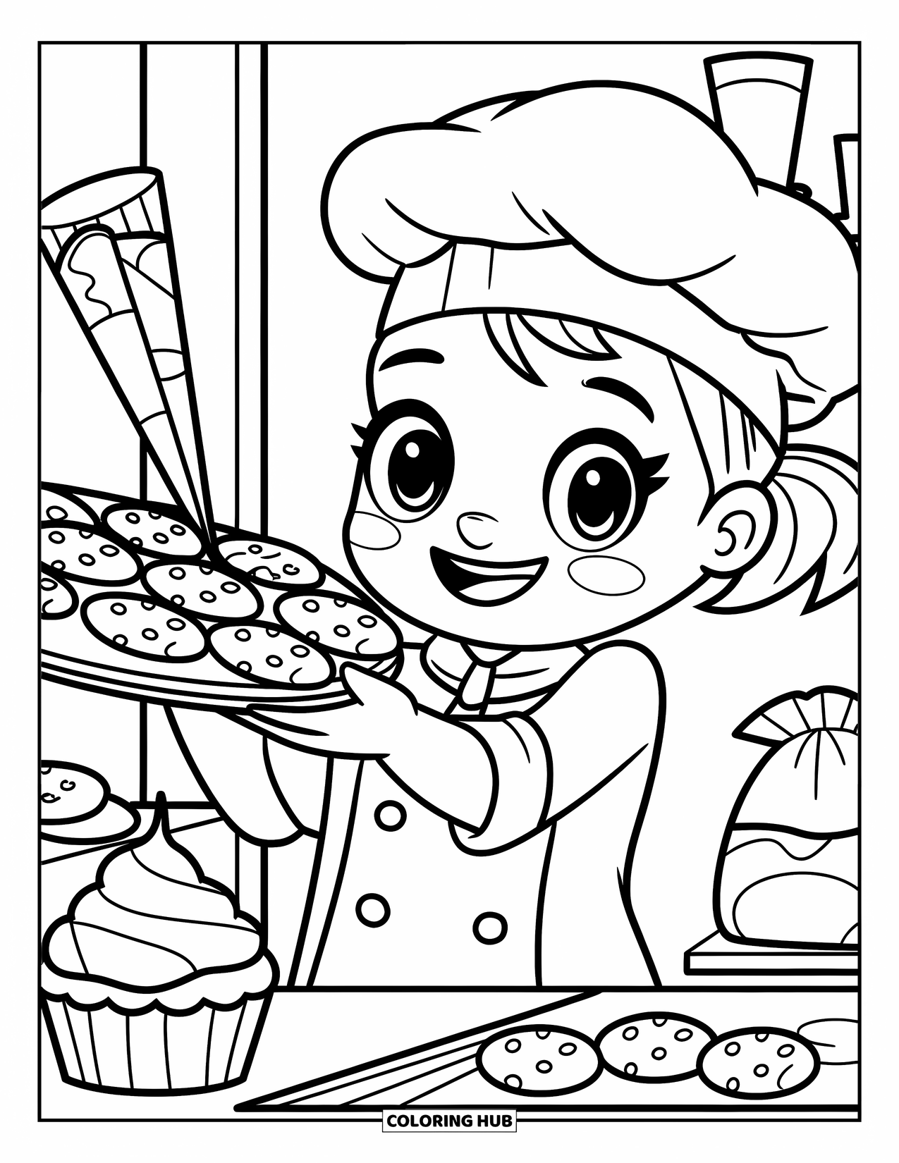 Baking Coloring Page for Adults: A kawaii chef holding cookies with a piping bag and cupcake tower