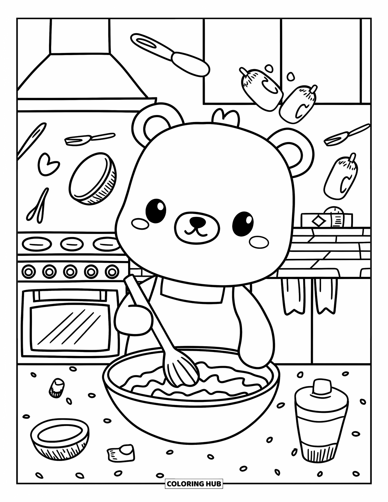 Baking Coloring Page for Adults: A little bear stirring cake batter as utensils float playfully around