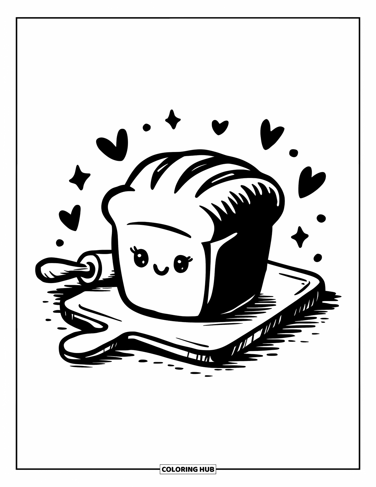 Baking Coloring Page for Adults: A loaf of bread on a cutting board with stars, hearts, and a rolling pin