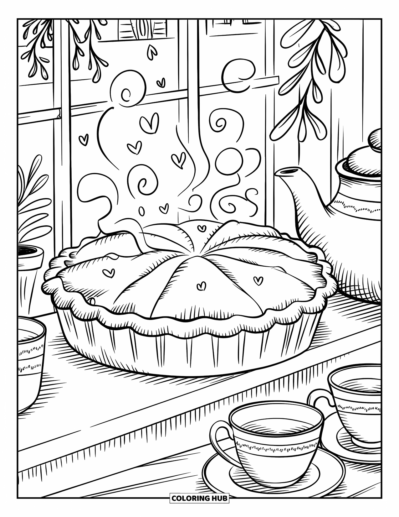 Baking Coloring Page for Adults: A pie cooling on a windowsill with steam swirls, hearts, and teacups