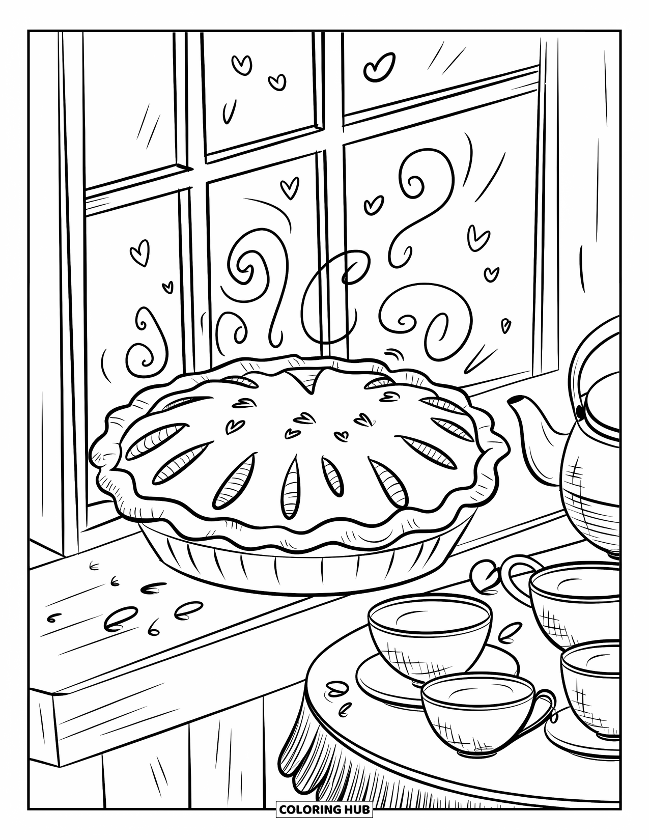 Baking Coloring Page for Adults: A pie cooling on a windowsill with swirls of steam and tiny hearts