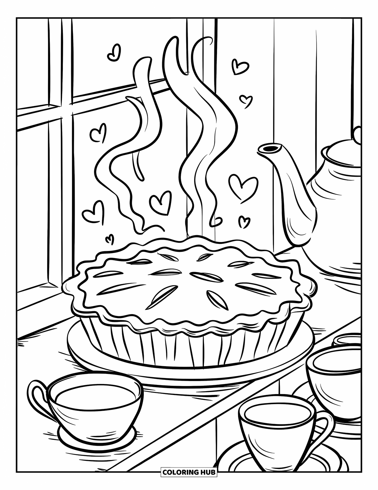Baking Coloring Page for Adults: A pie on a windowsill with heart-shaped steam and a teapot nearby