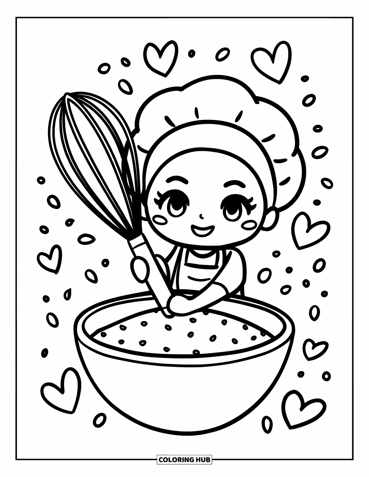 Baking Coloring Page for Adults: A playful chibi baker holding a giant whisk with hearts and sprinkles