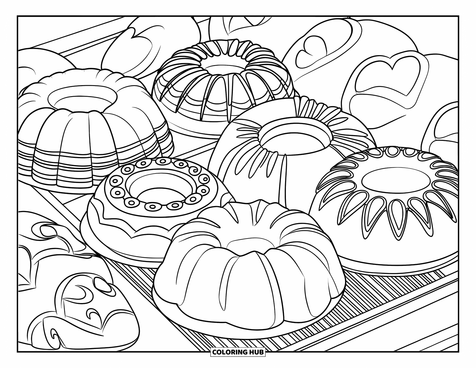 Baking Coloring Page for Adults: A rack of bundt cakes and bread shaped like hearts and flowers