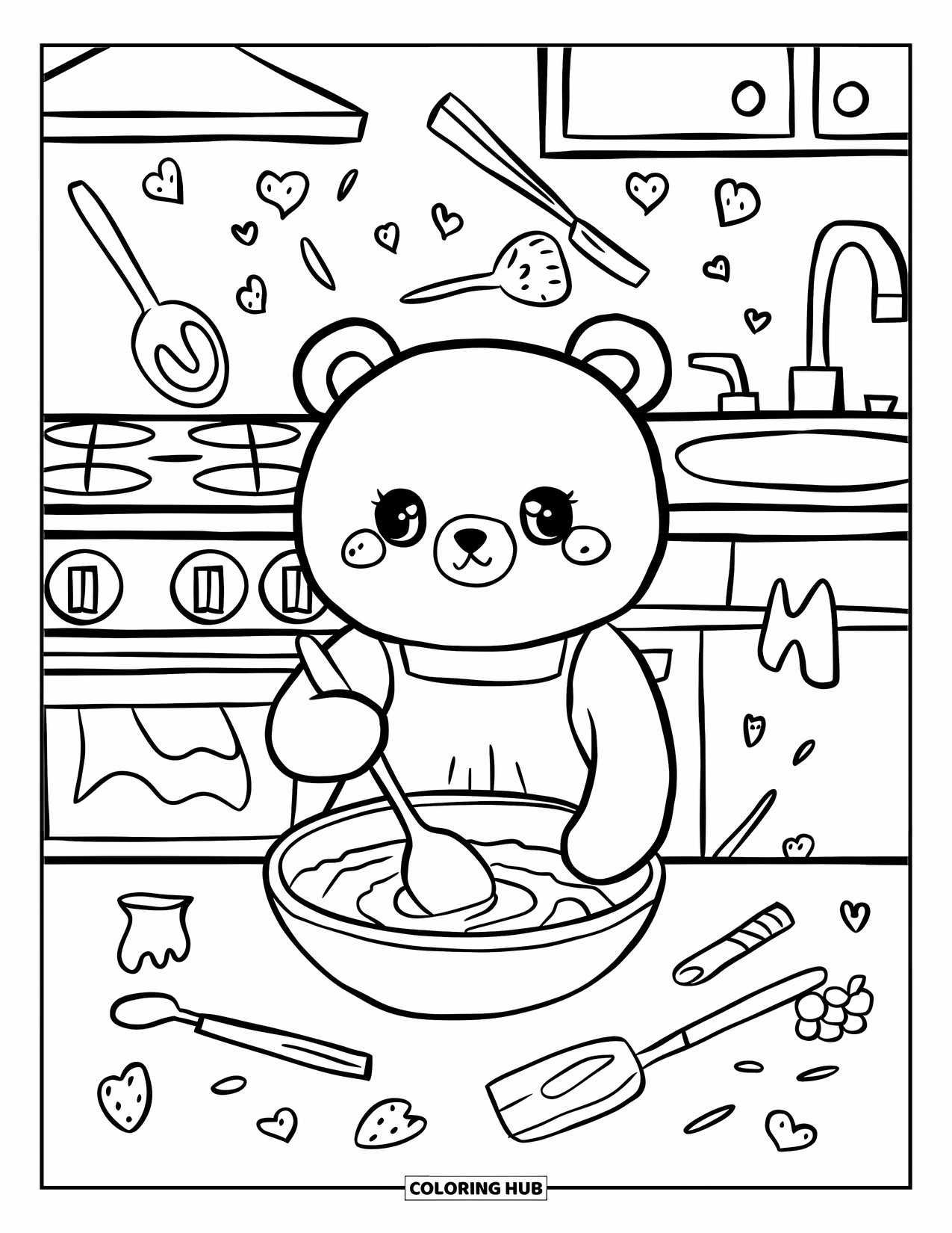 Baking Coloring Page for Adults: A small bear in an apron stirring batter with playful utensils floating around