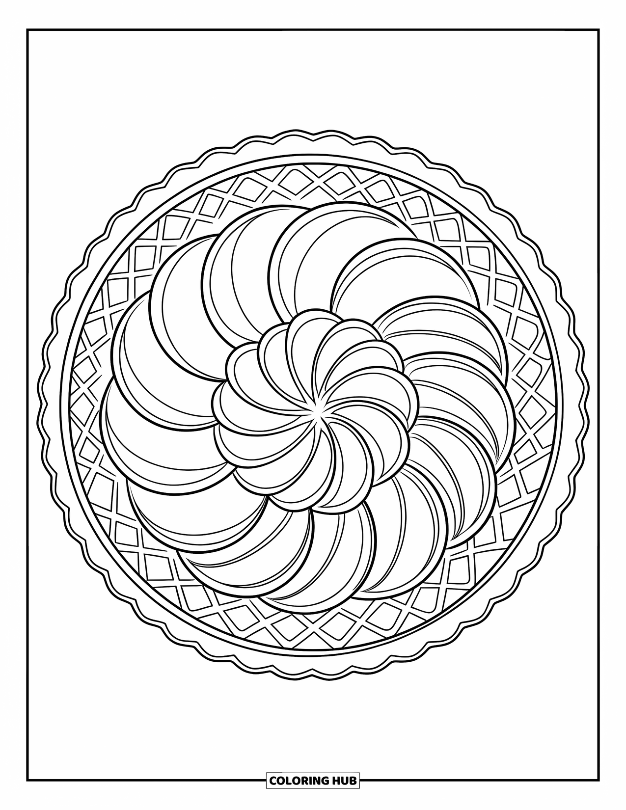 Baking Coloring Page for Adults: A spiral tart with lattice pattern and fruit slices