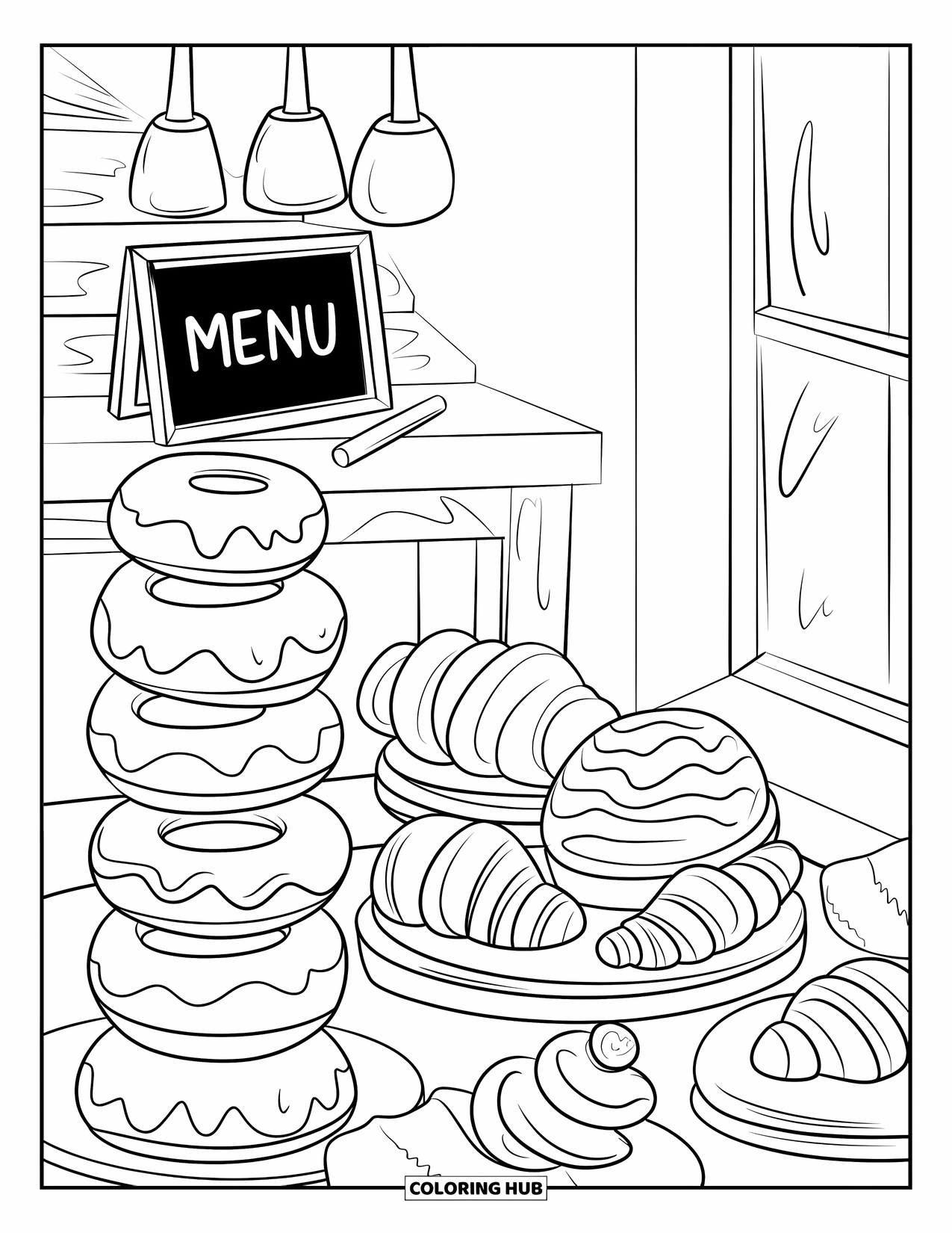 Baking Coloring Page for Adults: A warm bakery scene with stacked pastries and a chalkboard menu