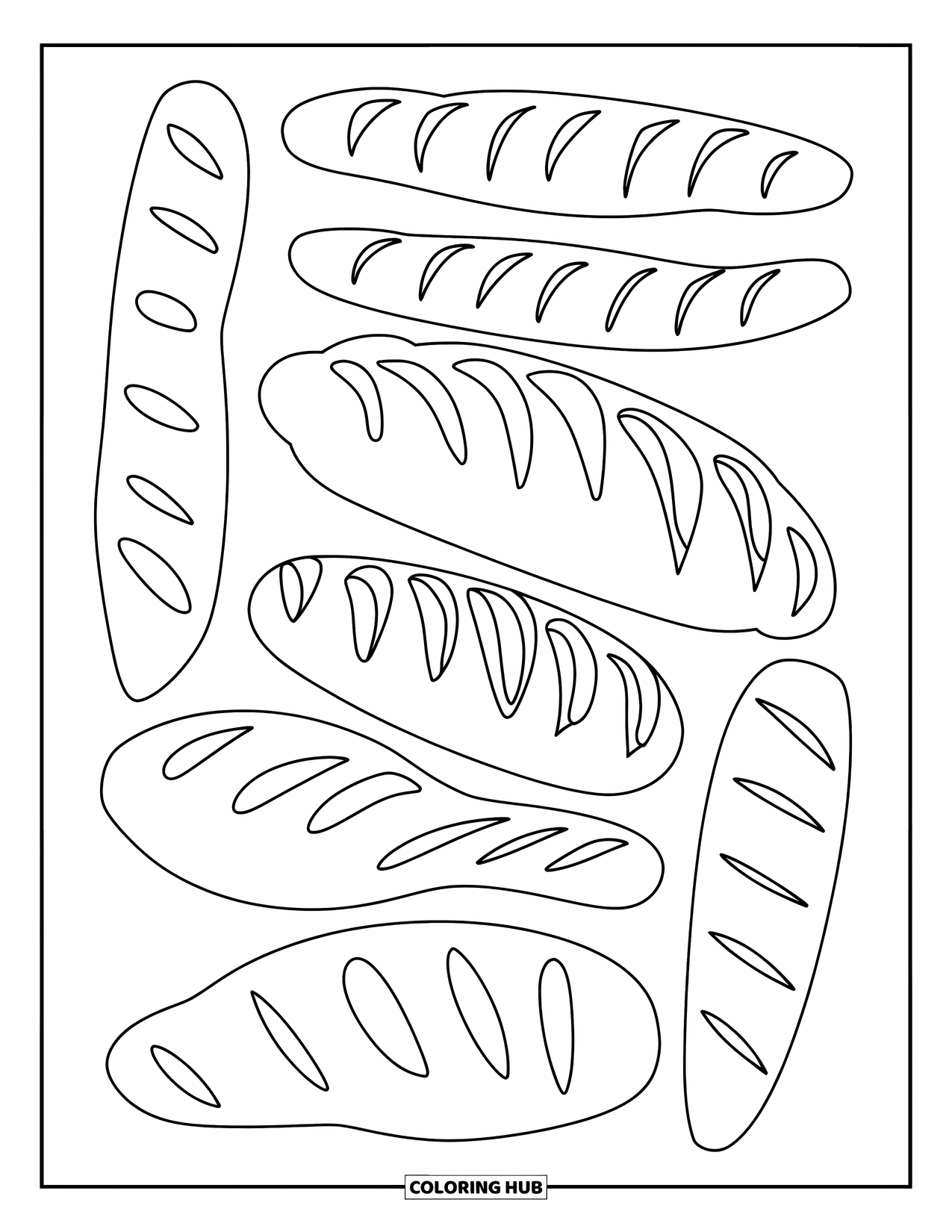 Baking Coloring Page for Adults: An assortment of bread loaves with carved scoring designs in decorative patterns