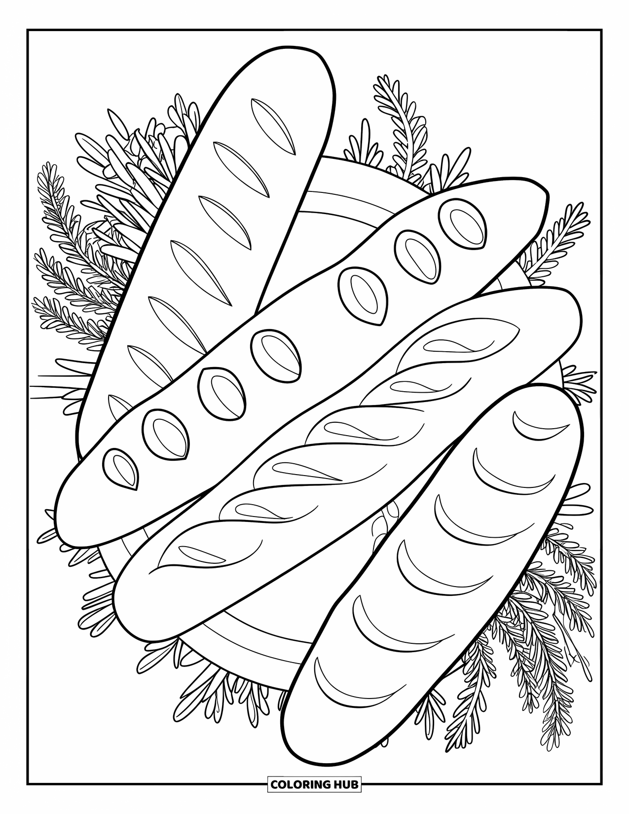 Baking Coloring Page for Adults: Bread loaves with carved patterns arranged on a board with herbs