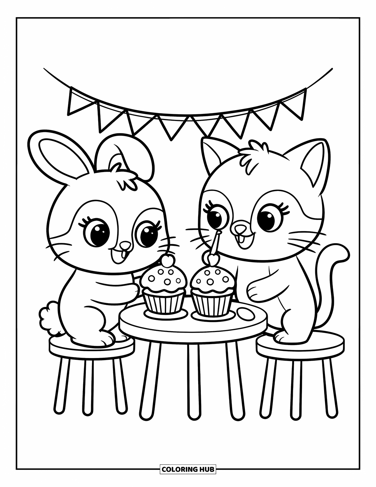 Baking Coloring Page for Adults: Two animal friends happily decorating cupcakes at a round table