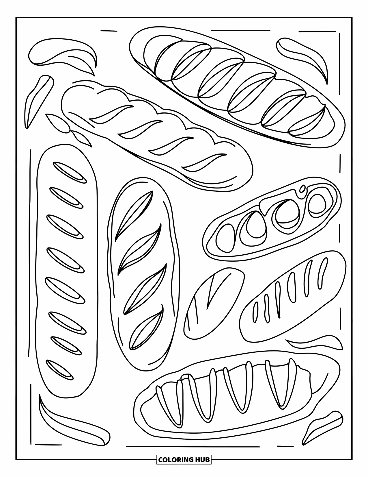 Baking Coloring Page for Adults: Various bread loaves with carved designs in different shapes and sizes