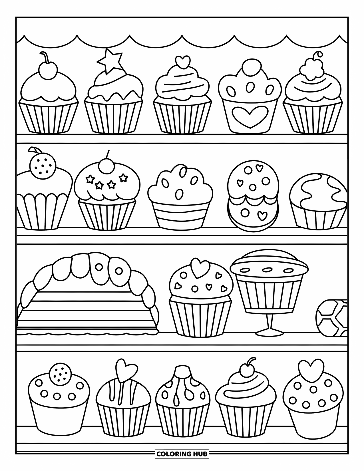 Baking Coloring Page for Kids: A bakery shelf of cupcakes, muffins, cookies, and a chocolate bar