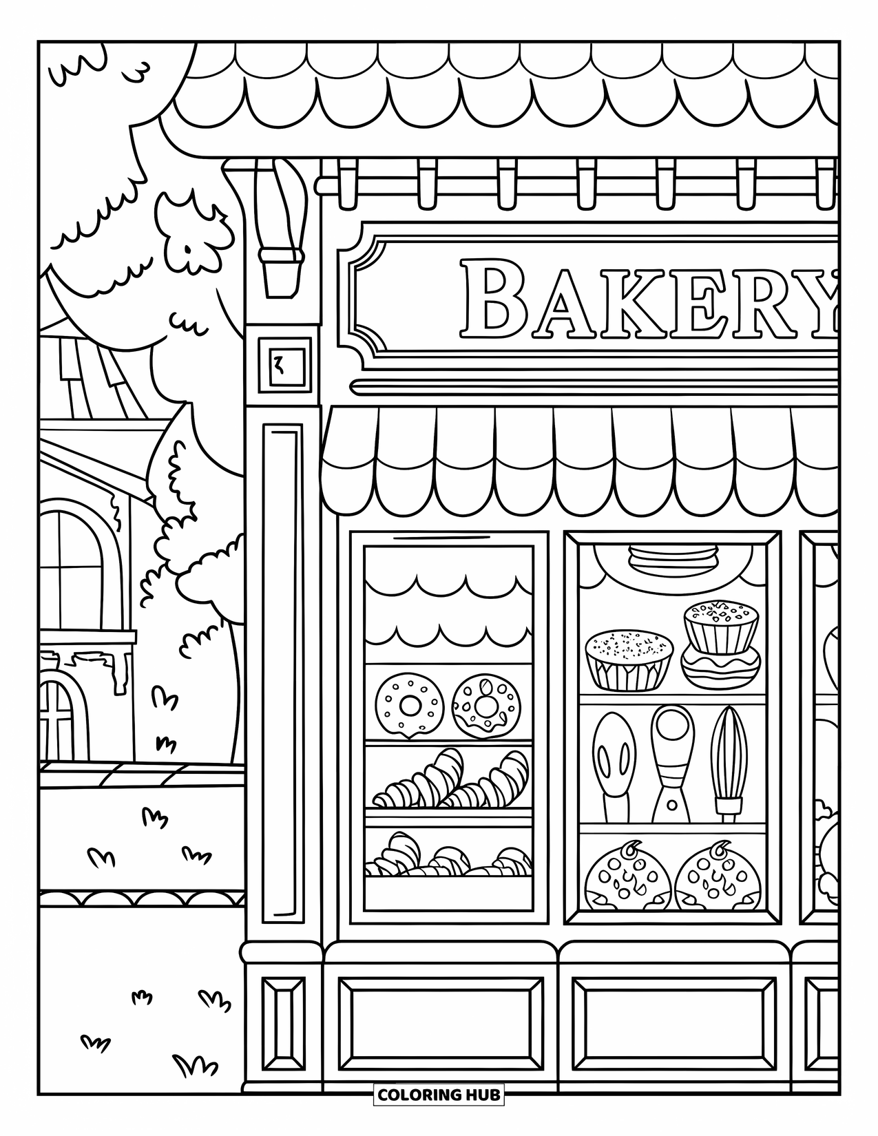 Baking Coloring Page for Kids: A bakery storefront with pastries in windows and baking tools nearby