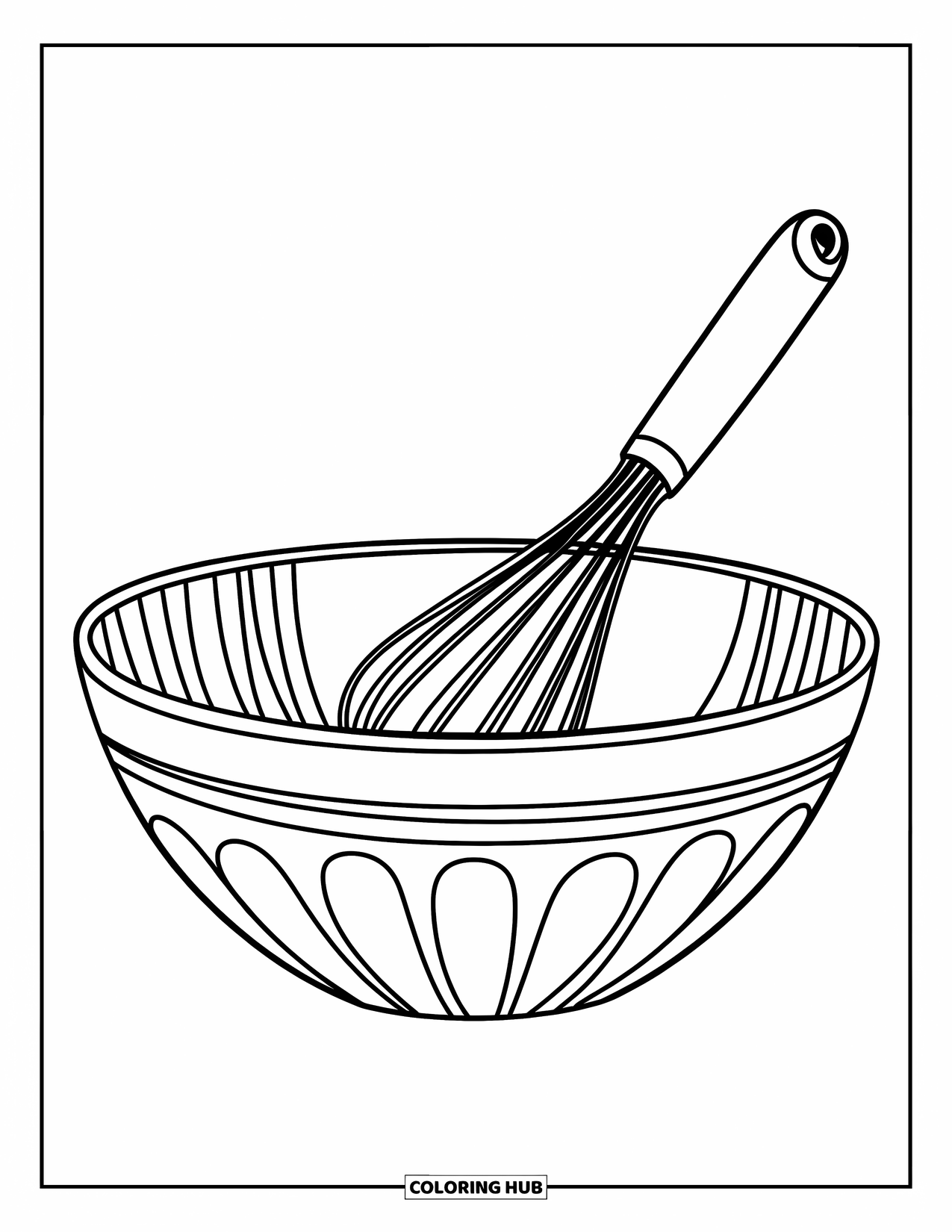 Baking Coloring Page for Kids: A bowl with a whisk drawn with clean, bold outlines