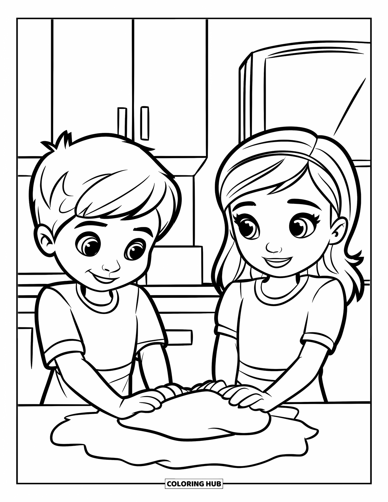 Baking Coloring Page for Kids: A boy and girl kneading dough together in a kitchen