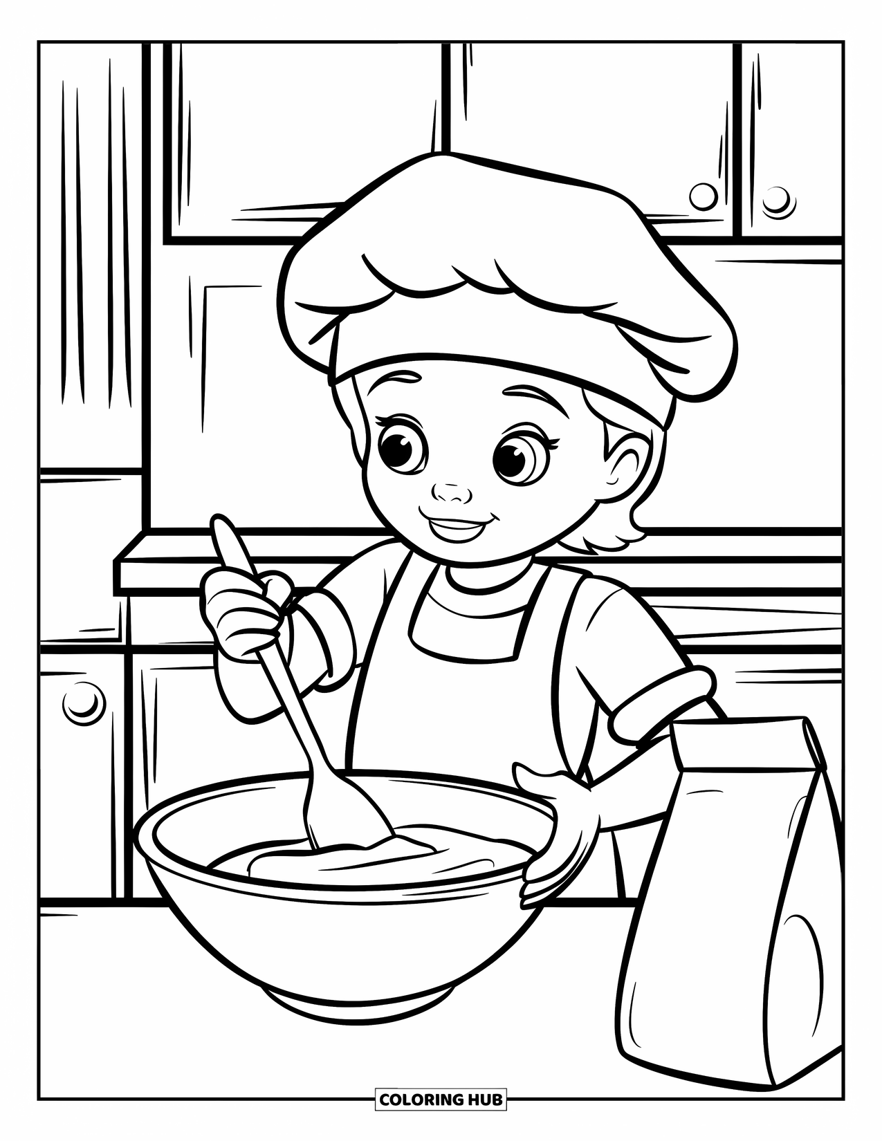 Baking Coloring Page for Kids: A child baker mixing batter in a bowl on a counter