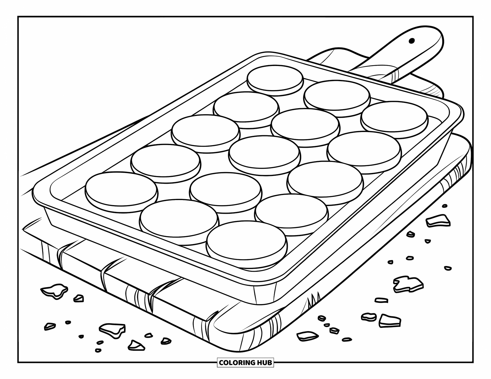 Baking Coloring Page for Kids: A cookie tray with crumbs scattered on a wooden board