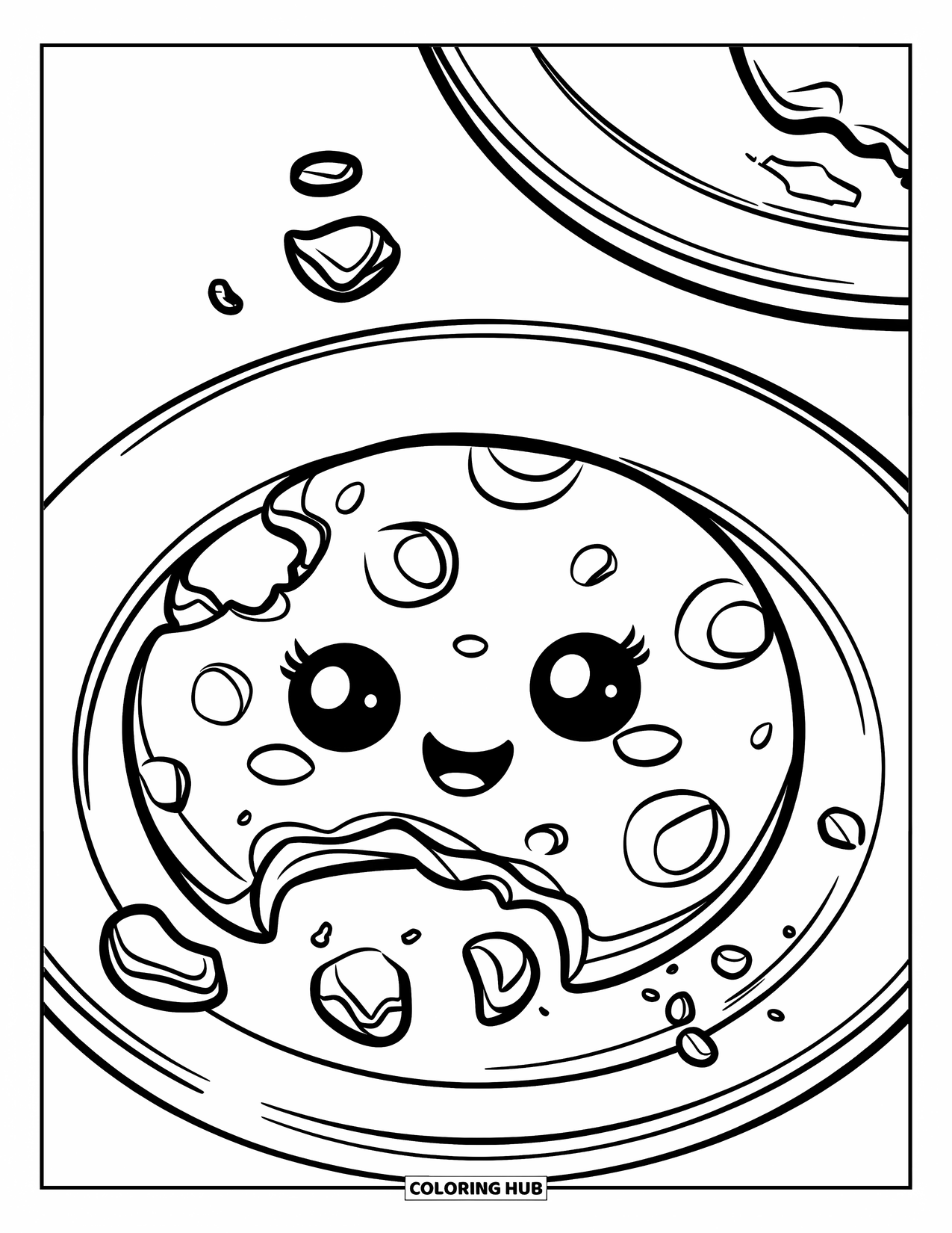 Baking Coloring Page for Kids: A cookie with crumbs scattered on a plate